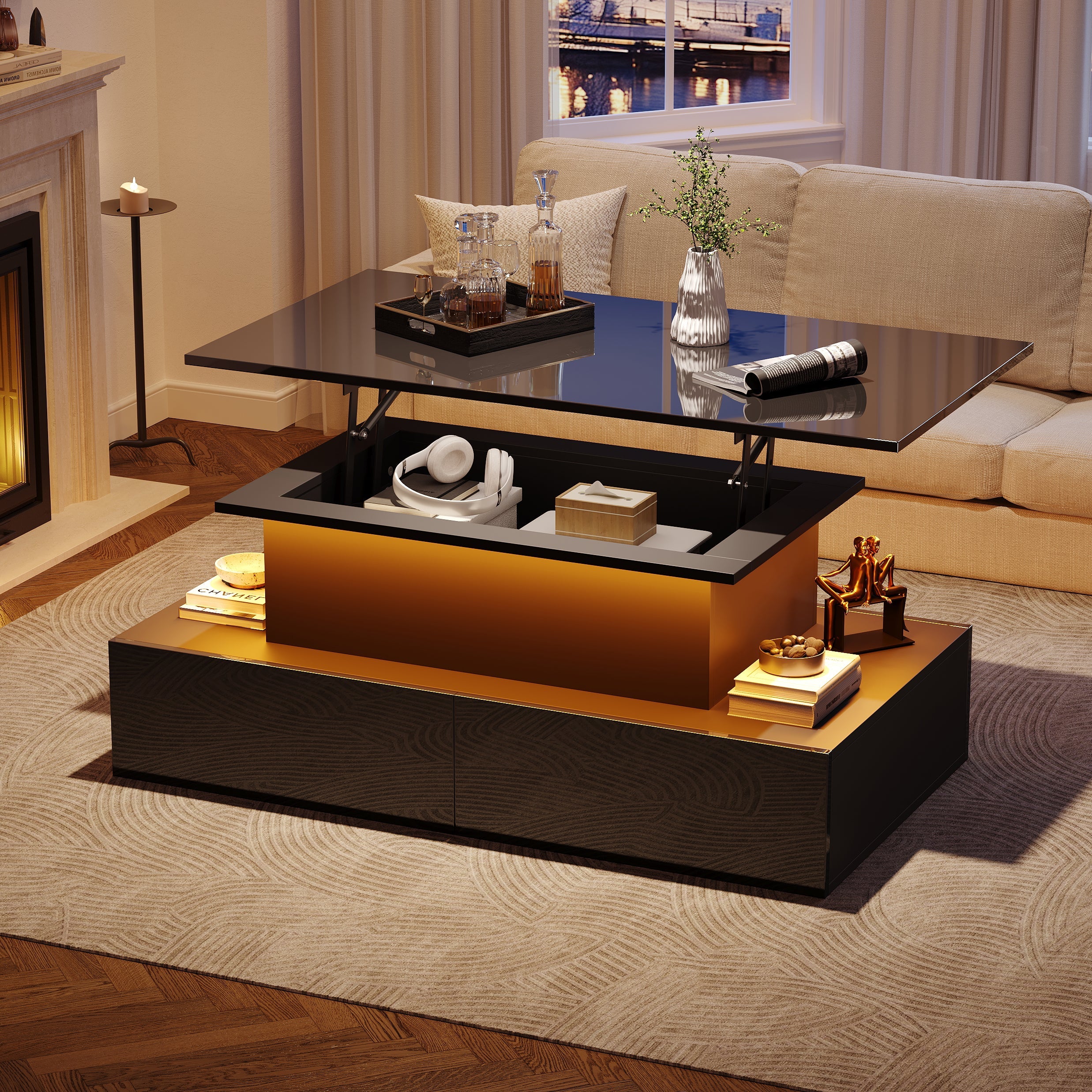 Coffee Table, LED Lit with 4 Drawers, Black High-Gloss