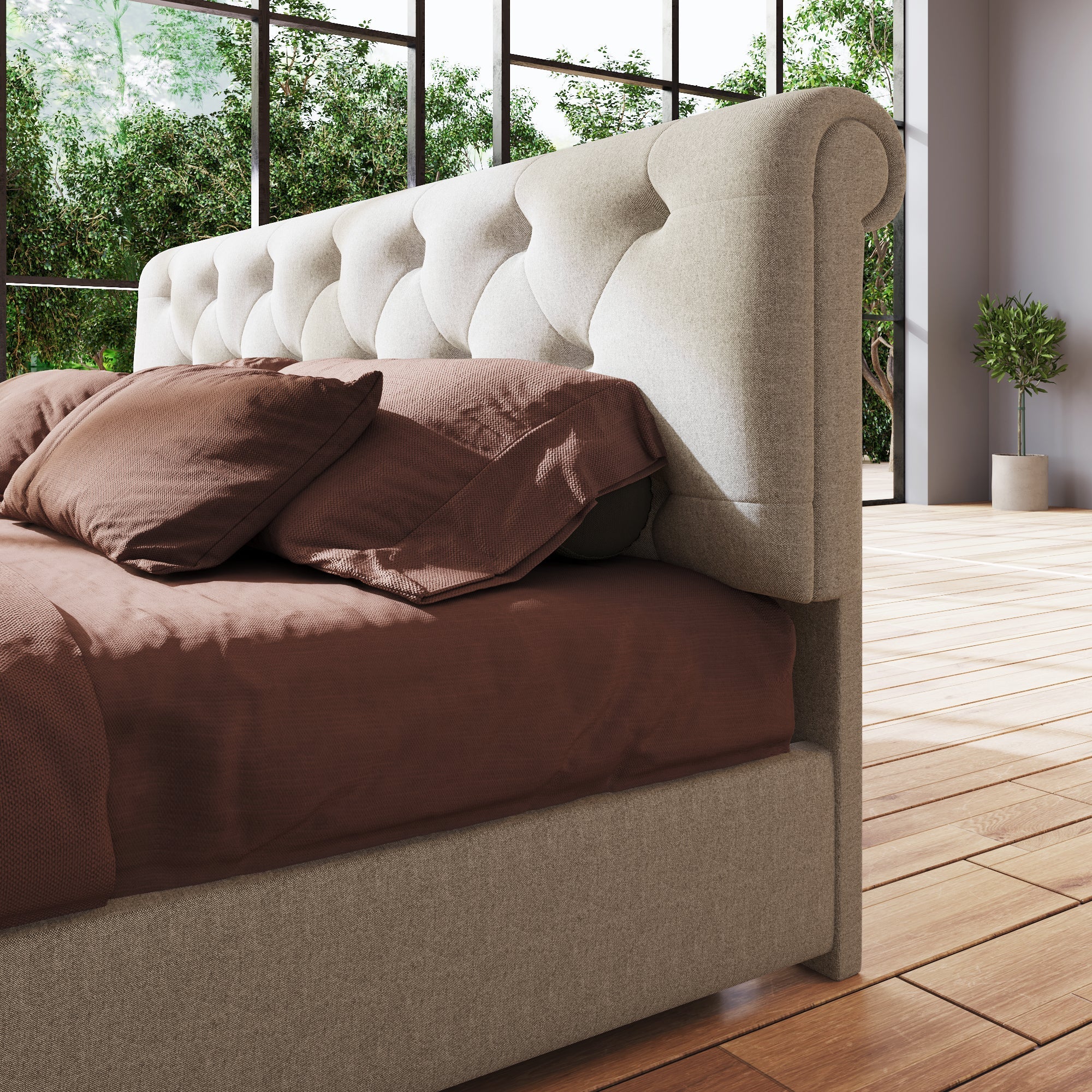 Hydraulic Double Bed, 160x200cm Upholstered with Storage, Natural
