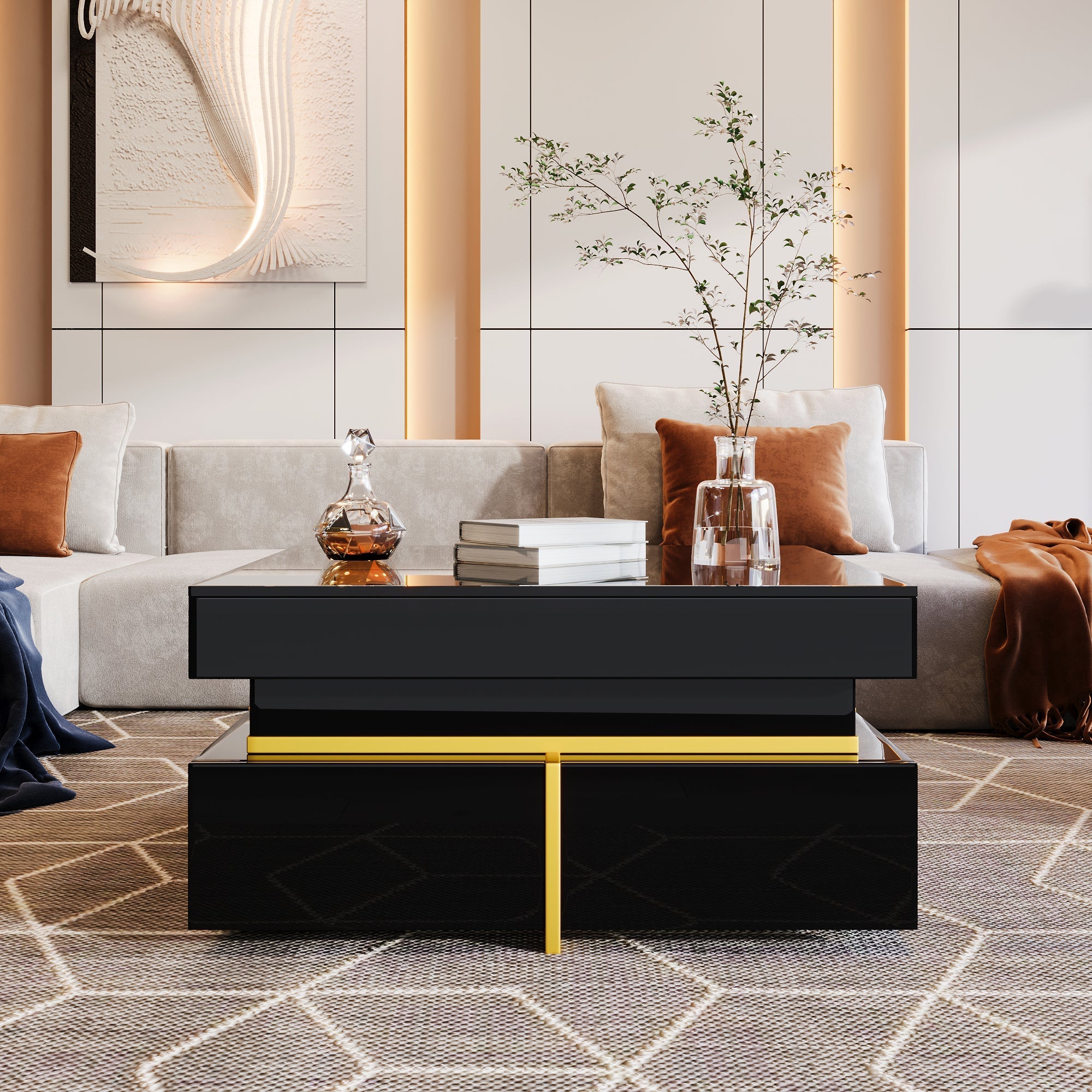 Coffee Table with Drawers, High-Gloss, Gold Accents