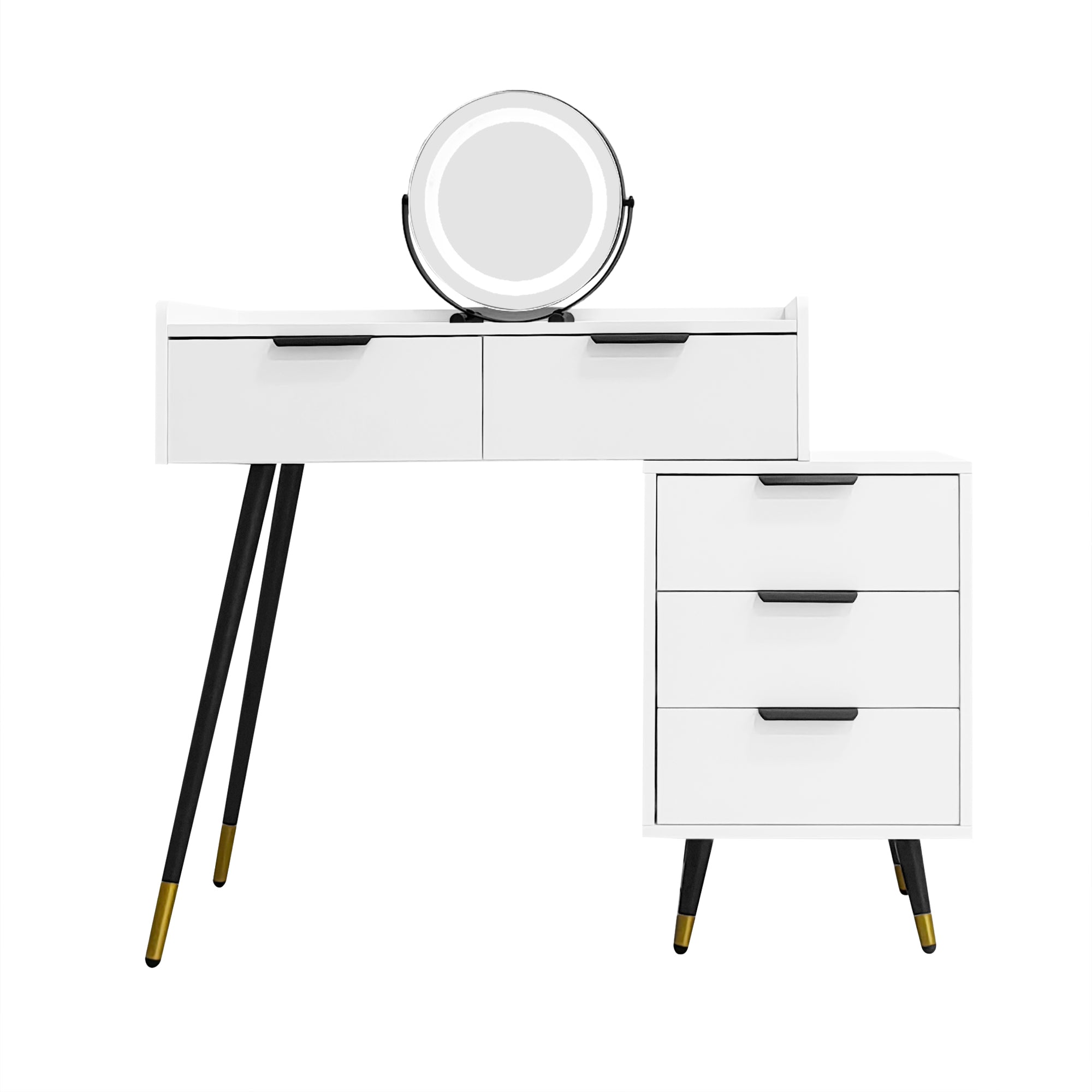 Dressing Table with Adjustable LED Mirror, 5 Drawers and Pull-out Side Cabinets, White Wood