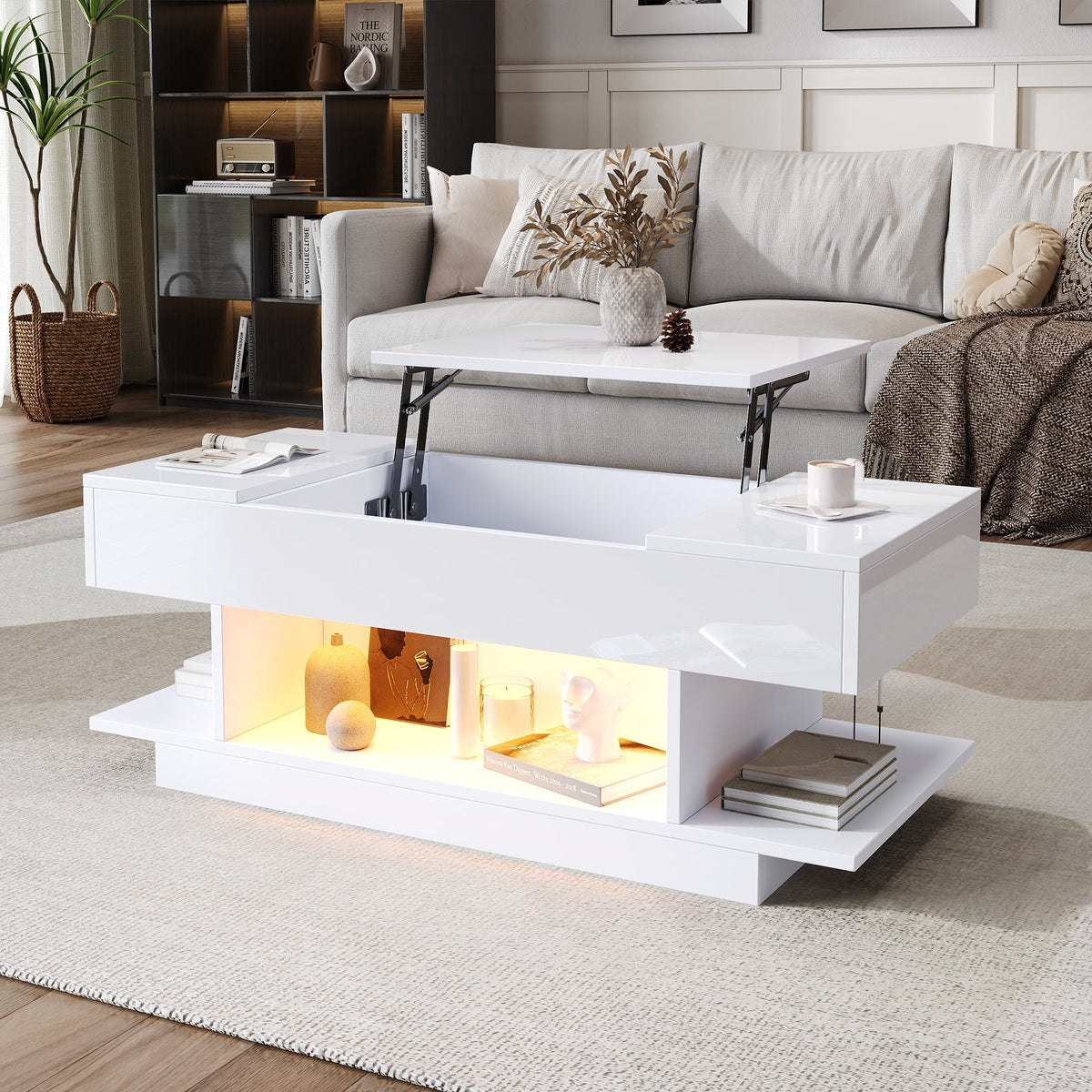 Lift Coffee Table, Height-Adjustable Storage LED, High-Gloss White