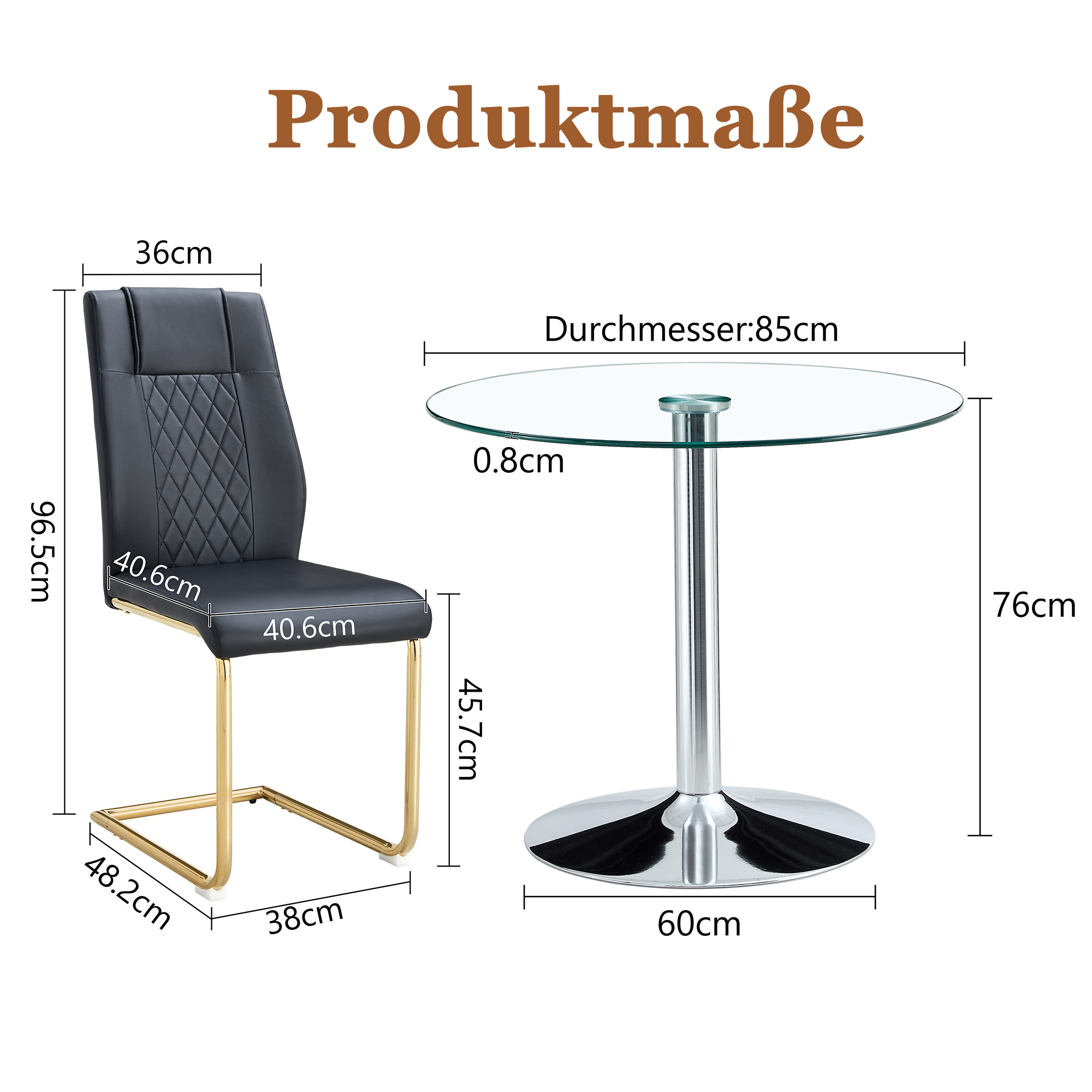 Dining Table Set Minimalist Glass 85cm 4 Chairs Gold Legs - Black PU