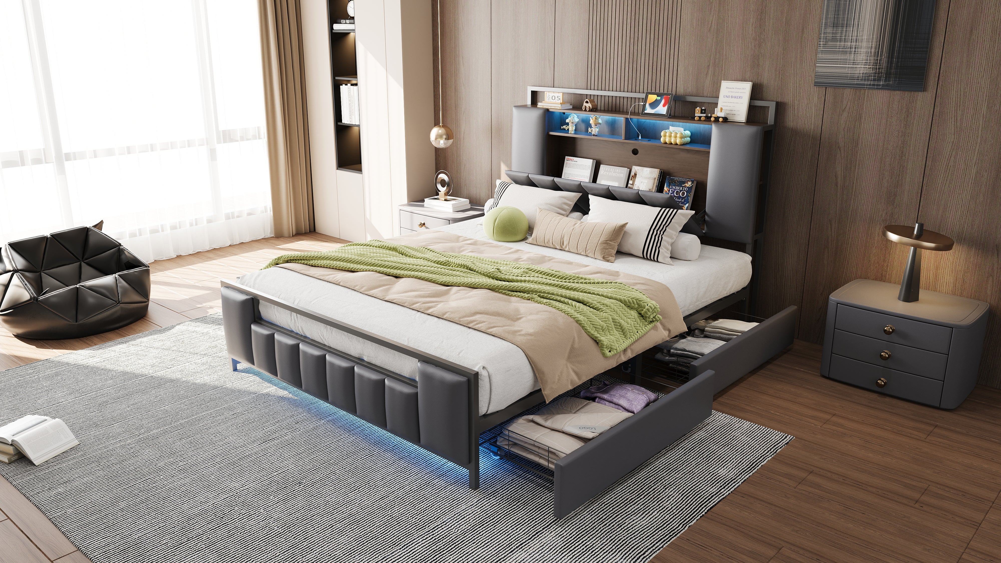 Upholstered Bed, Multifunctional with LED & USB, Drawers, Faux Leather Grey