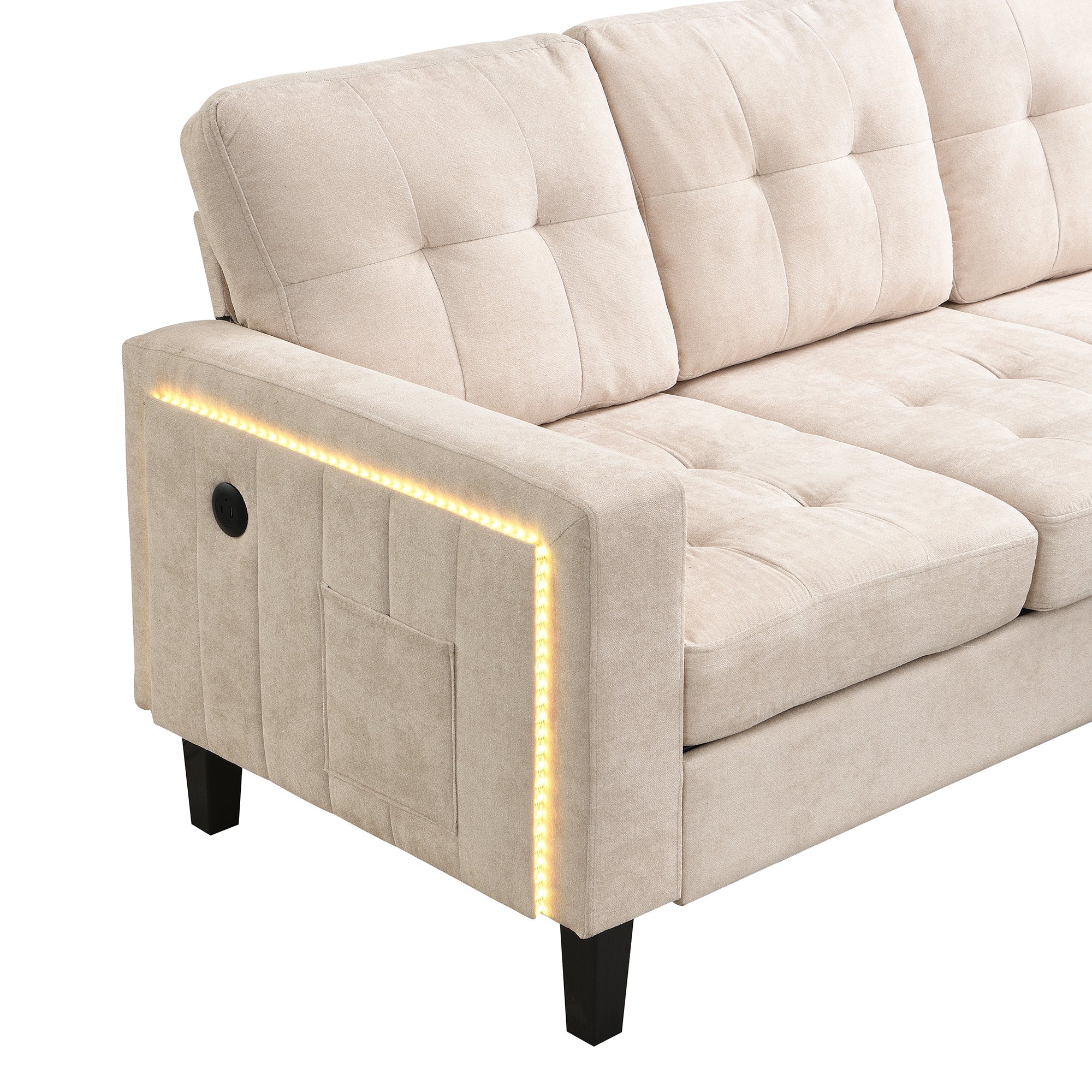 Multifunctional L-shaped Sofa Set with LED Lighting and Footstool, Modular Design