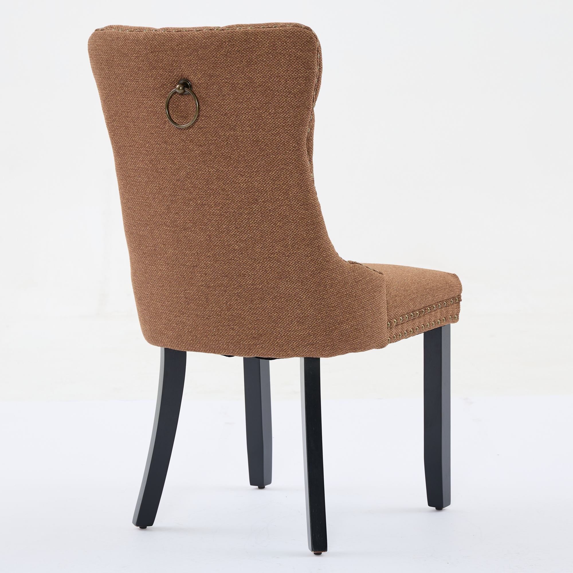 Nikki Collection Tufted Linen Dining Chair Solid Wood Nailhead Trim 2-Pcs Set - Coffee Color