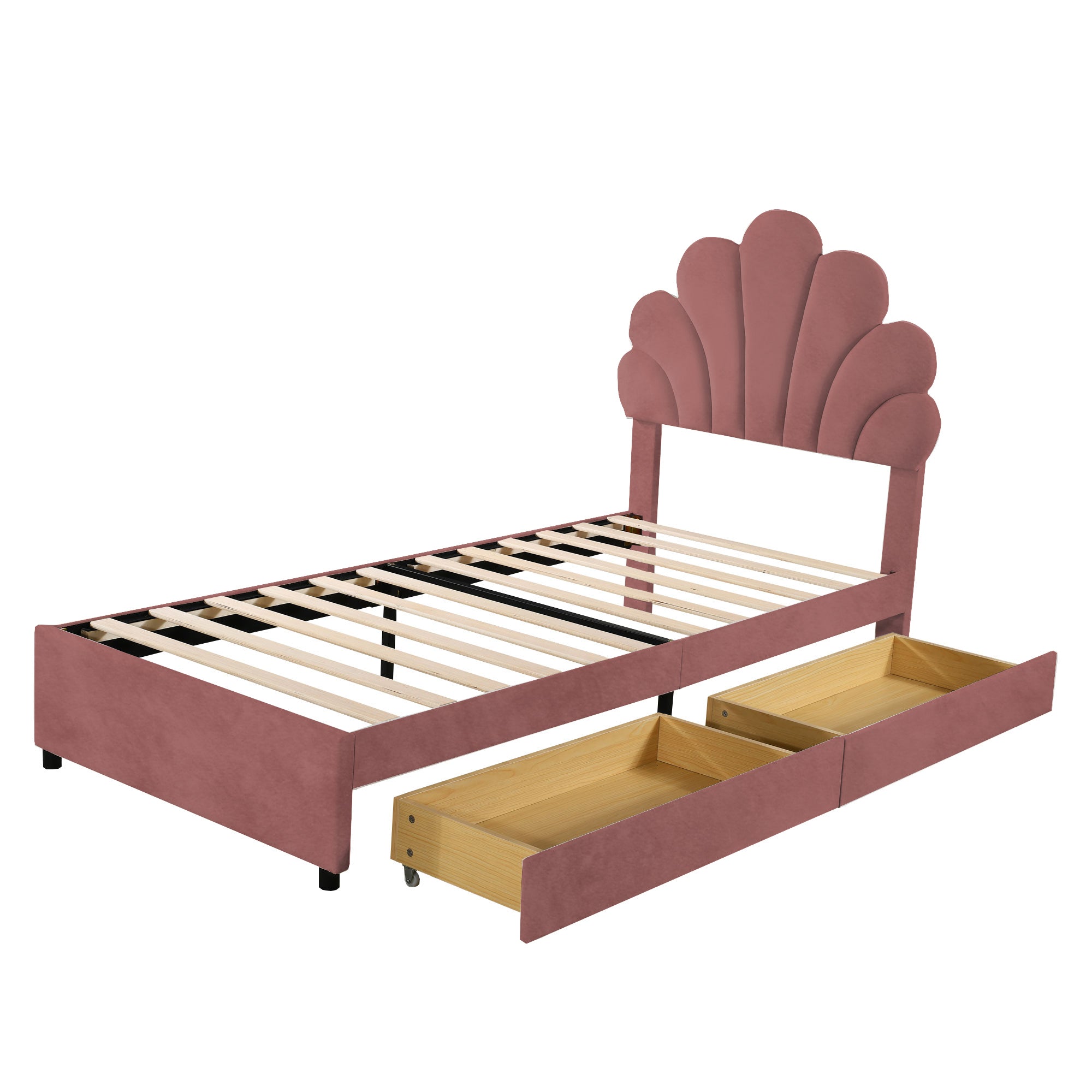 Children's Upholstered Bed 90x200 Floral Headboard Storage Velvet Pink