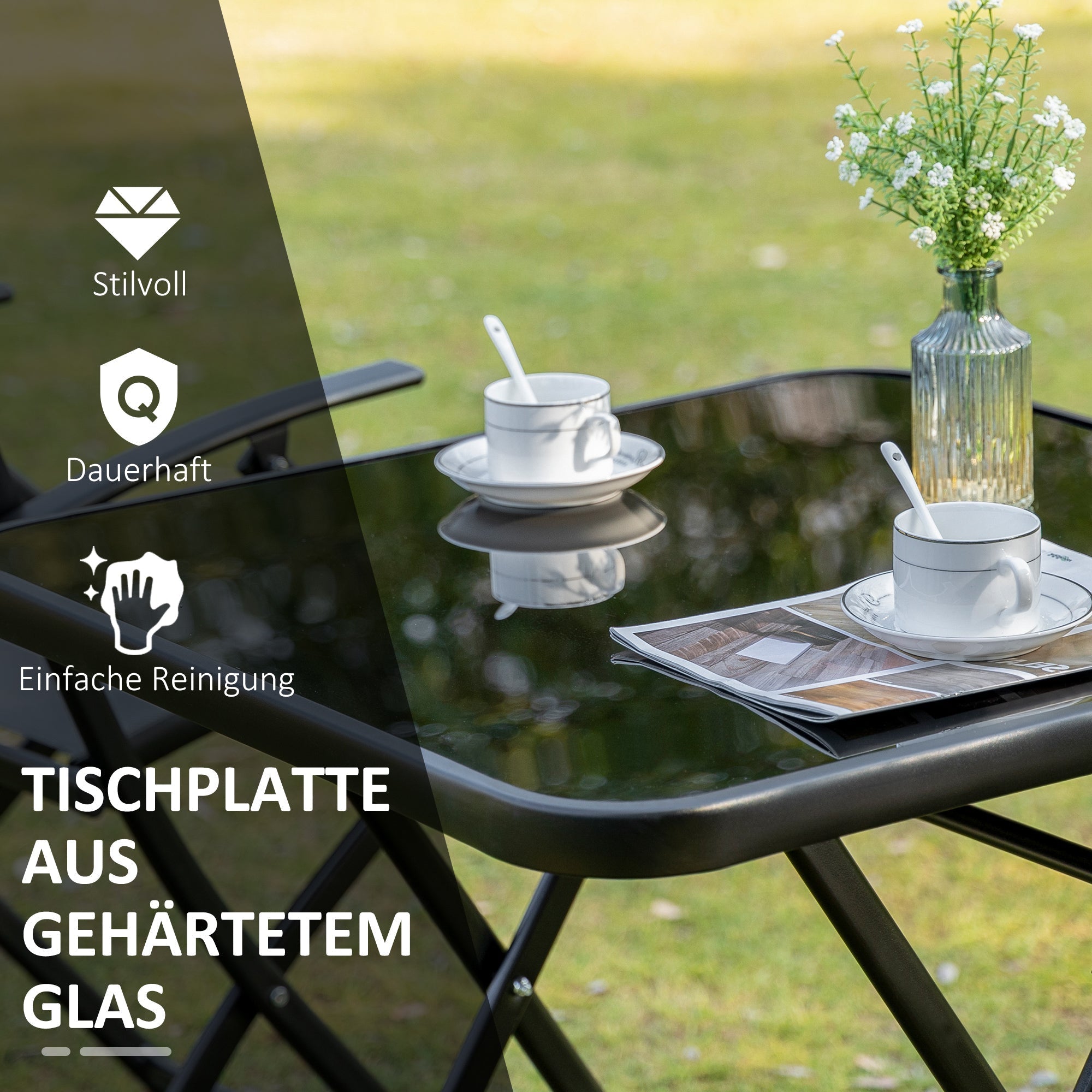 Klappbares Balkonset, 2-Sitzer-Tisch und Stühle, Metallgeflecht, Schwarz & Grau