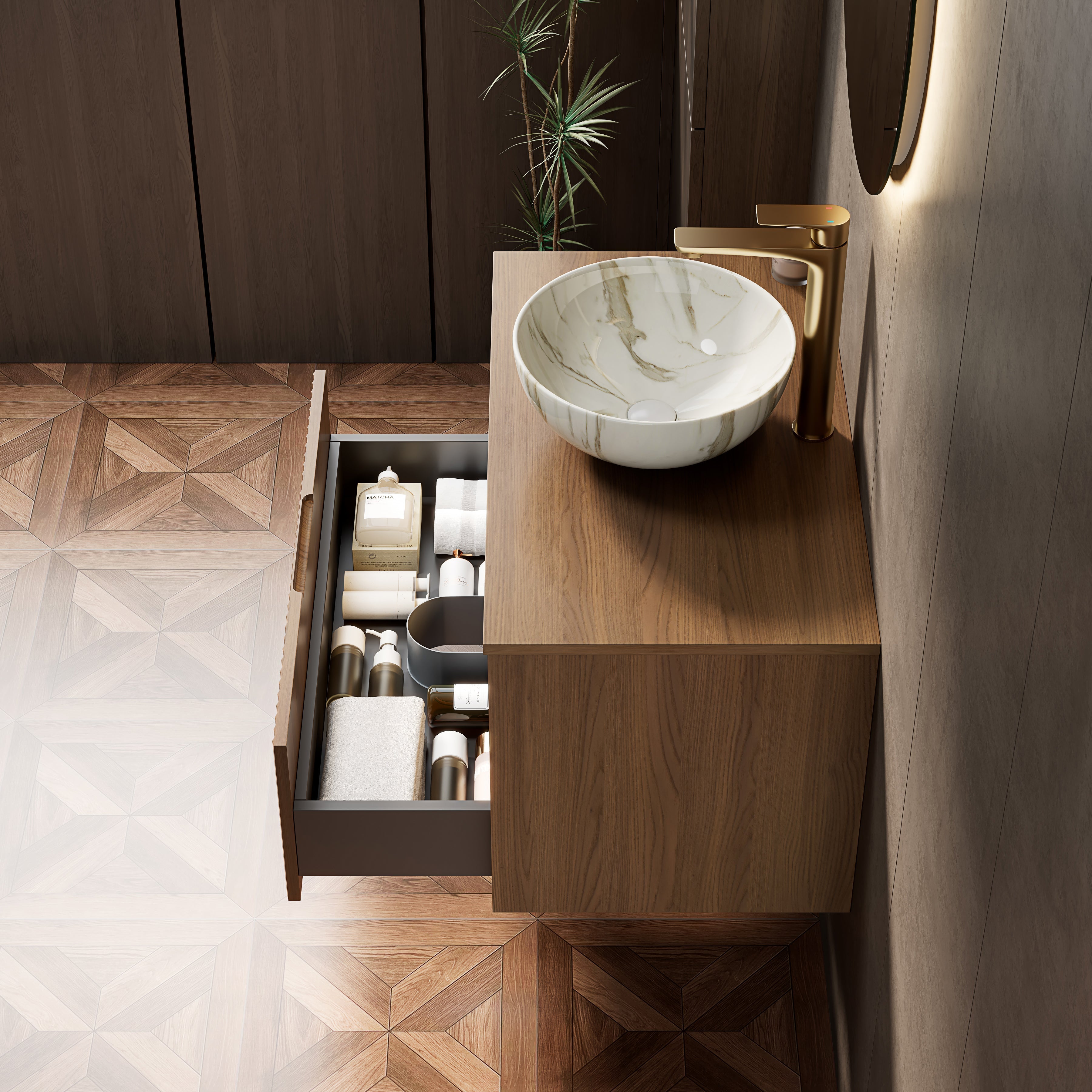 Floating Bathroom Sink with Ceramic Bowl and Sensor Light, Espresso Wood Grain
