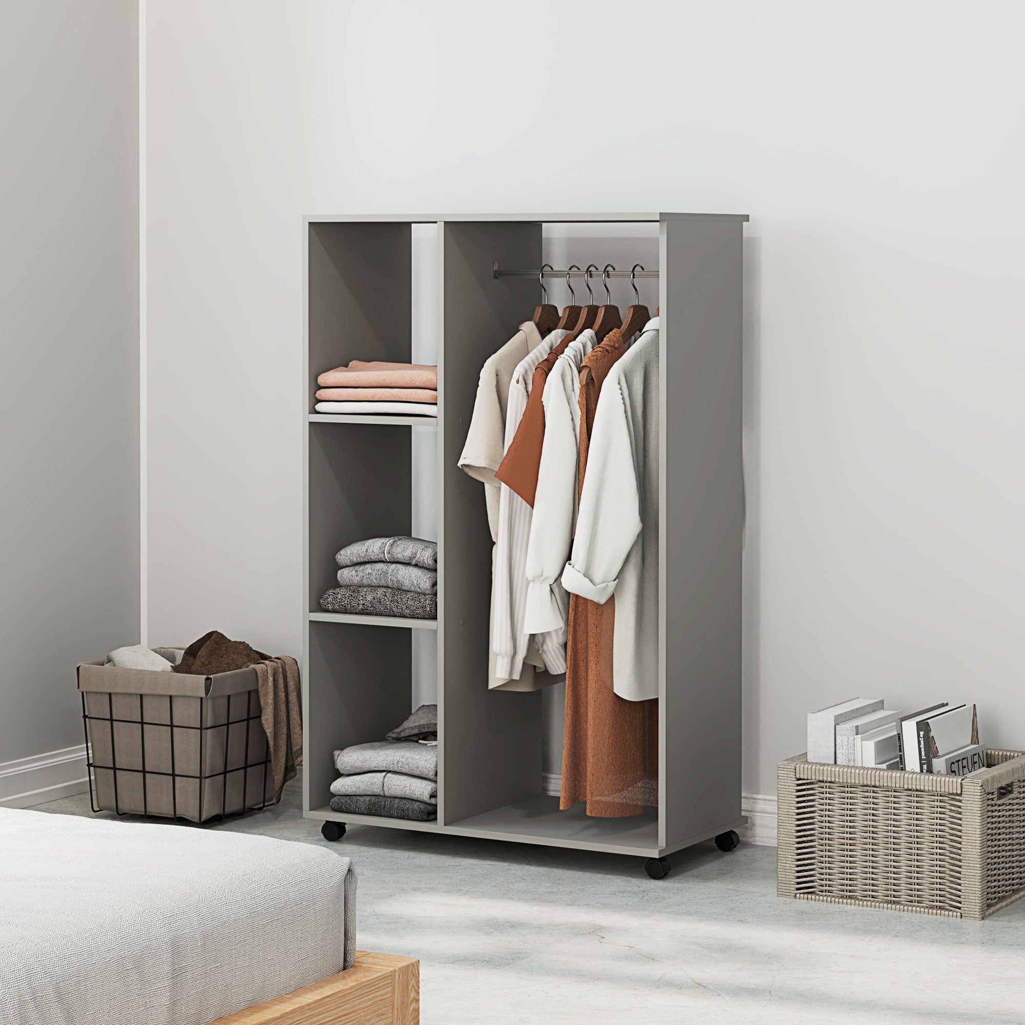 Open Wardrobe on Wheels, Clothes Hanging Rail, 3 Storage Shelves - Grey