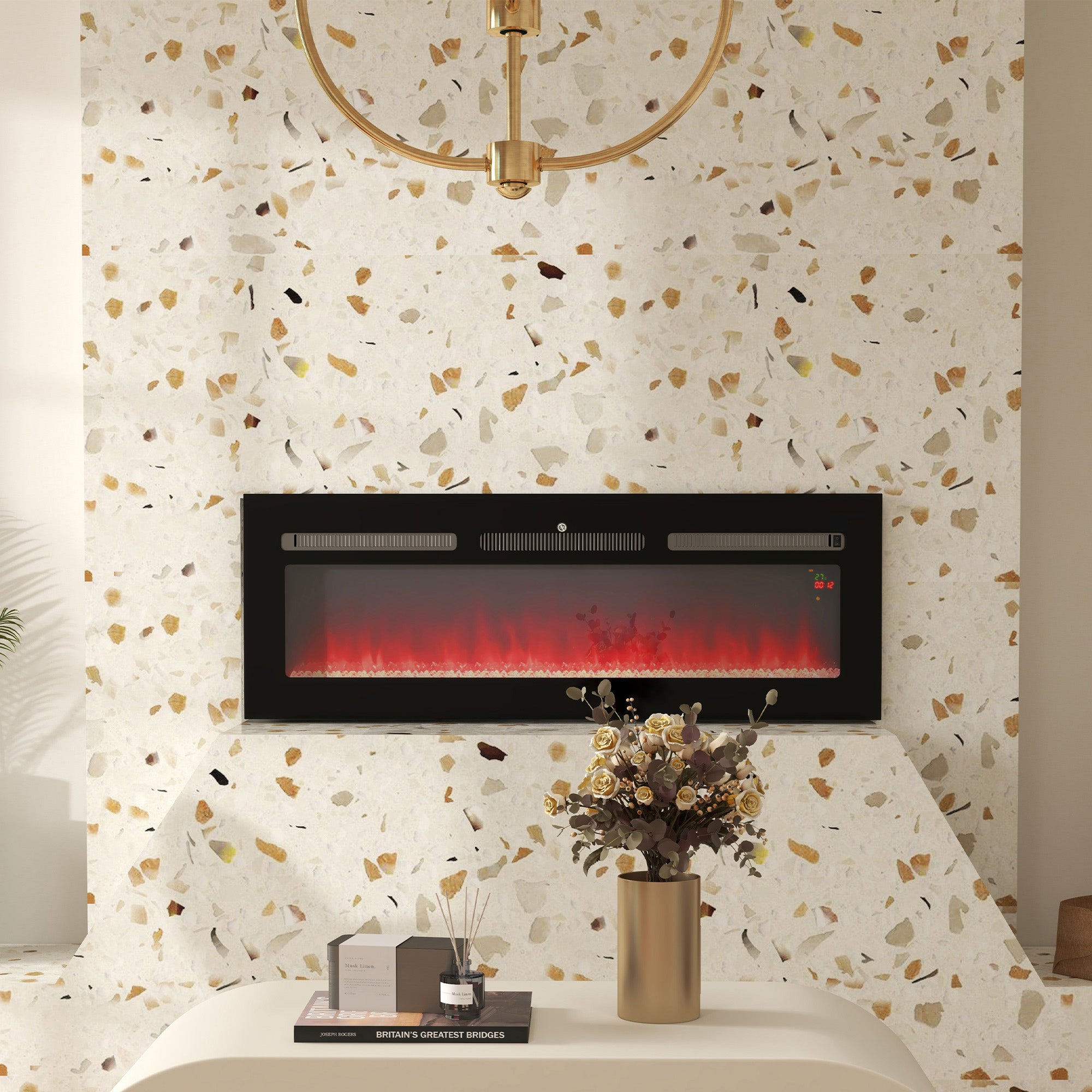 127cm Electric Fireplace, 2000W Recessed Wall Mounted with Remote, 9 Flame Colors and Crystal, Black