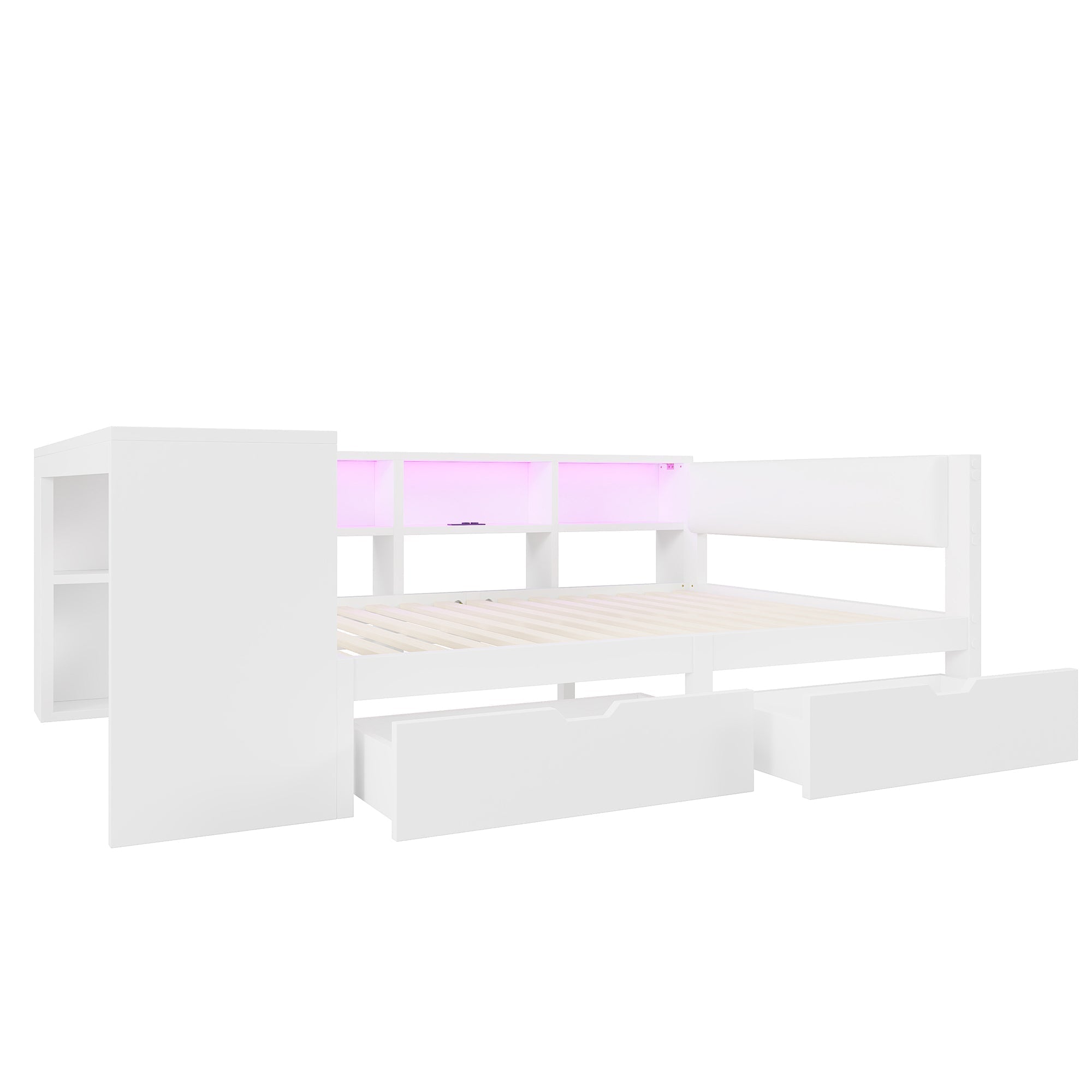 Platform Bed 140x200 Upholstered Headboard Storage Drawers LED Charge Station - White