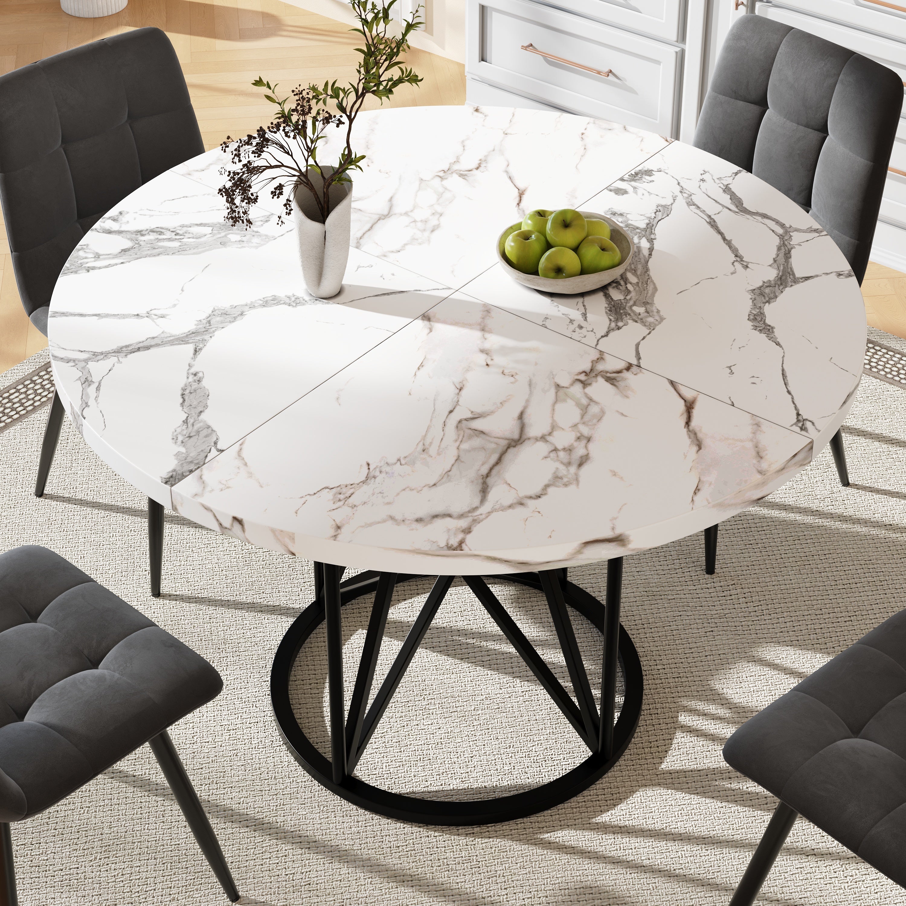 Dining Set 5-Piece Round 100cm White MDF Top - Grey Velvet Chairs