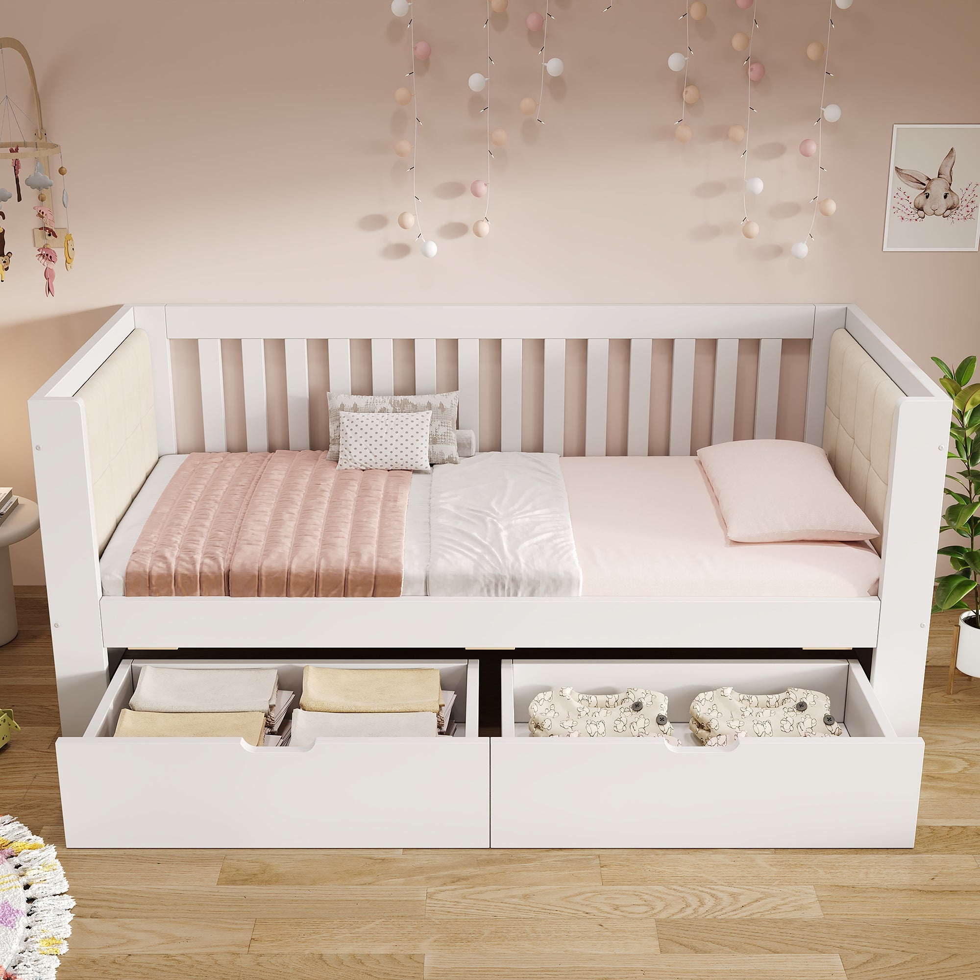 Sofa Bed with 2 Drawers and Rounded Armrests, 90x190cm, White Wood