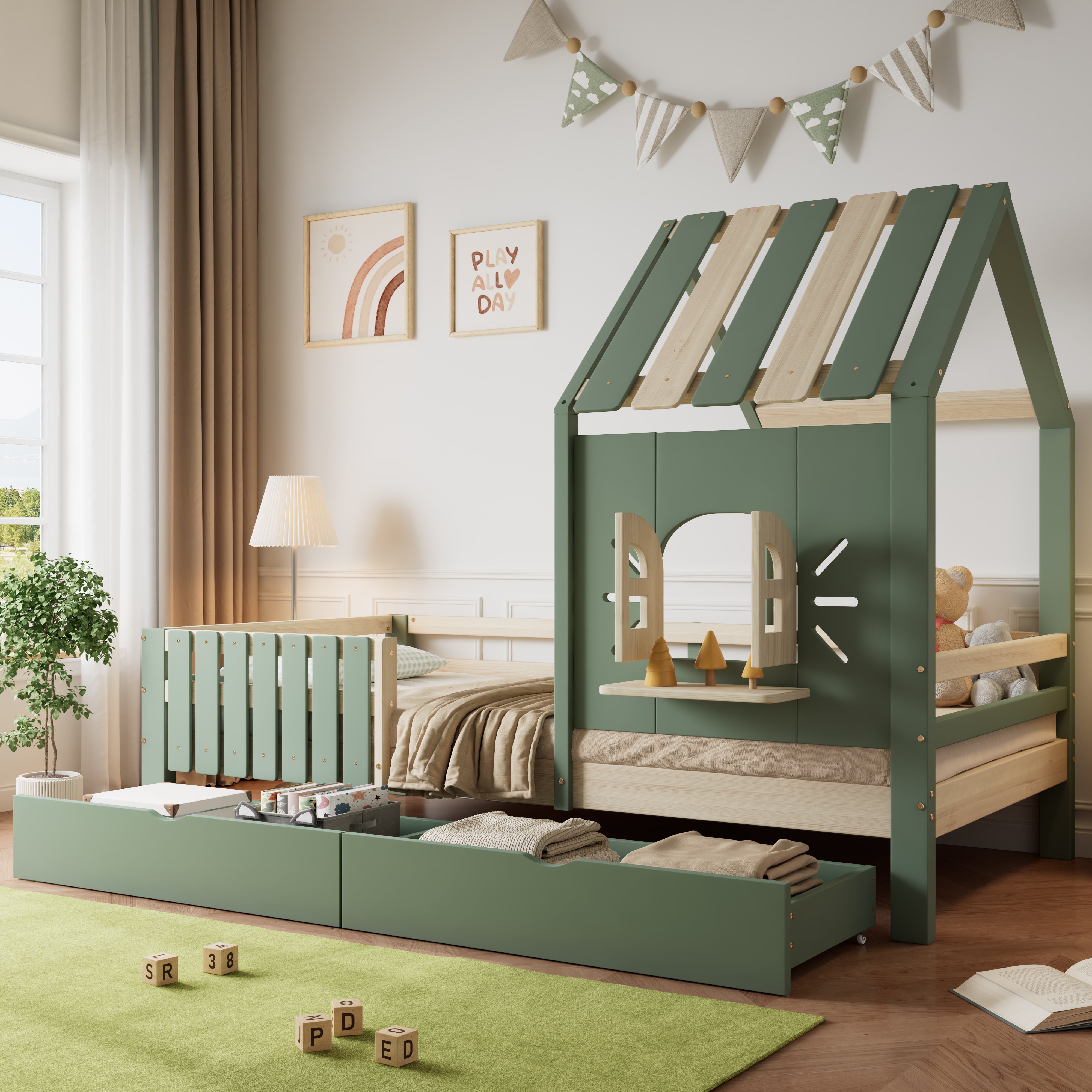 Children's House Bed with Roof, Window, Fence, 2 Drawers, 90x200cm - Pine/MDF Green/Natural