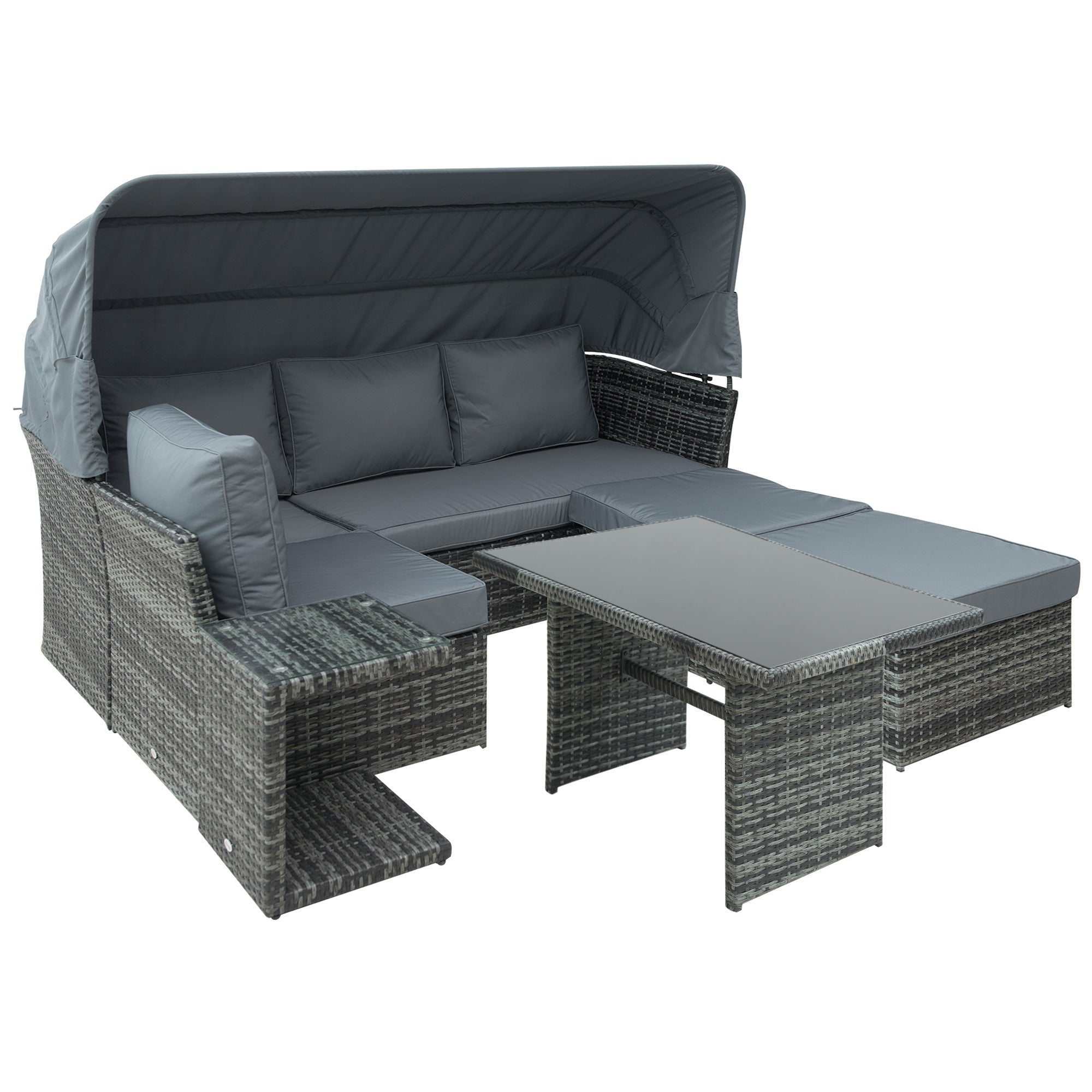 5 PCS Rattan Wicker Sofa Set, Reclining Sofa, Canopy, Side Table & Dining Table, Mixed Grey