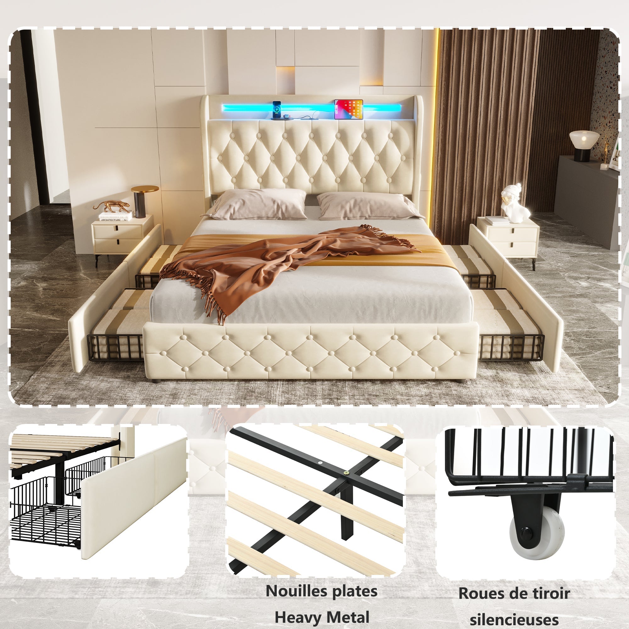 Upholstered Bed 140x190cm LED USB Headboard Storage 4 Drawers - Velvet