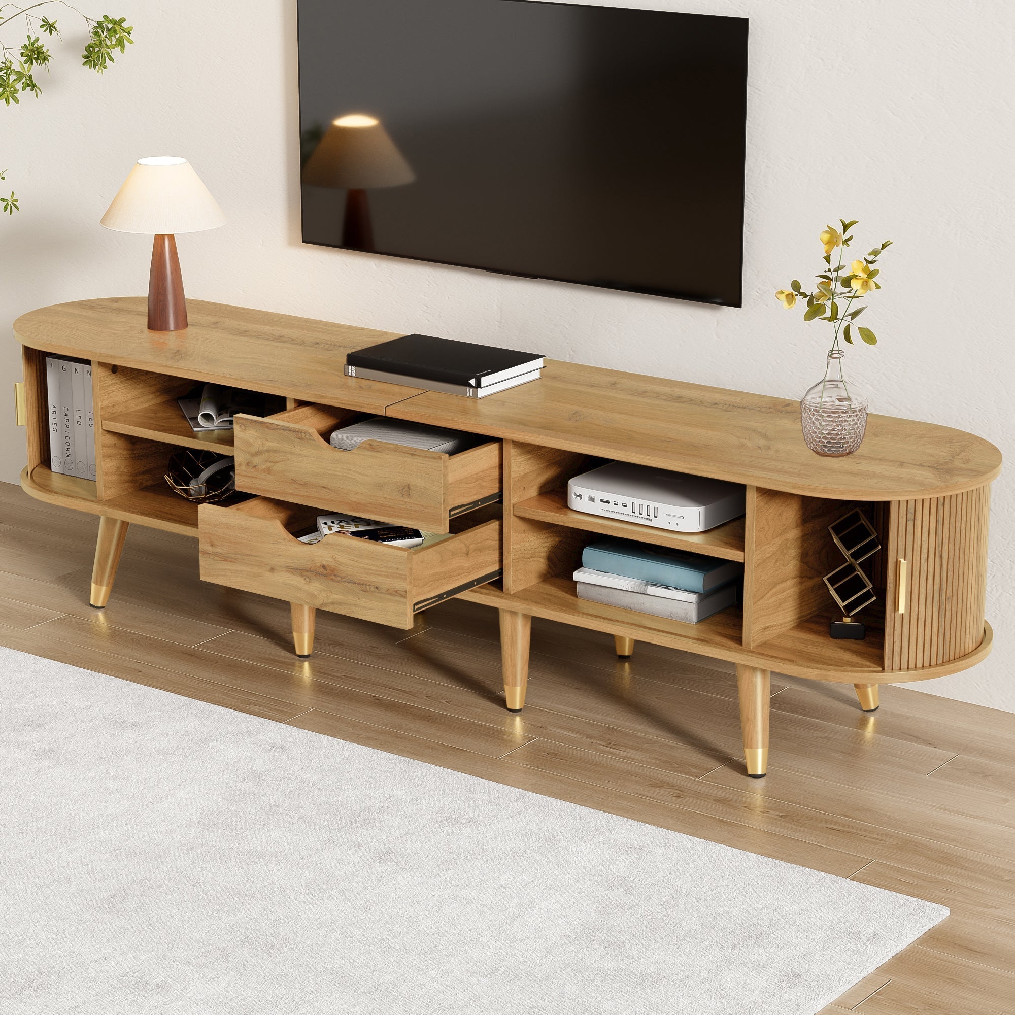 TV Cabinet Sliding Doors Media Console Wood Grain