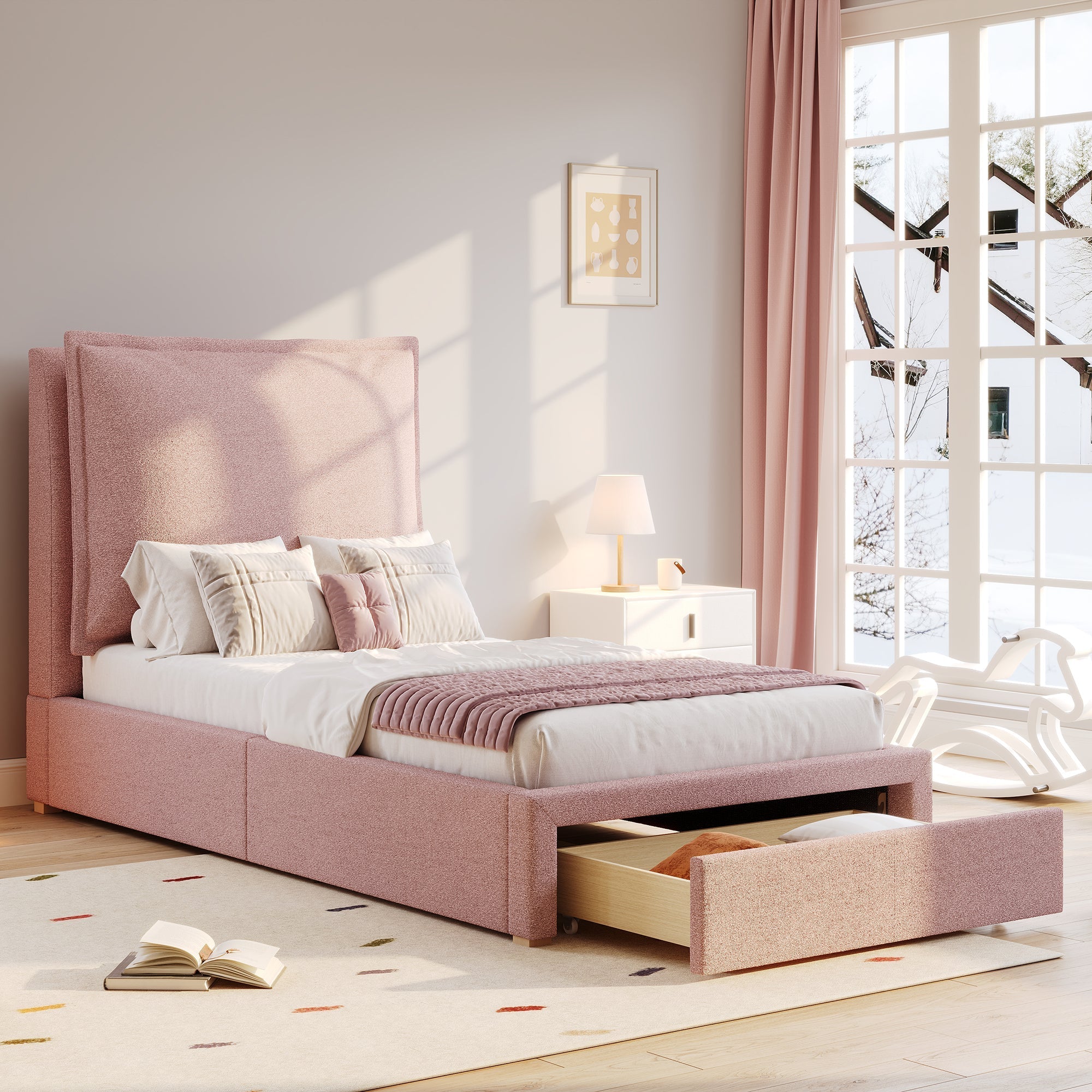 Upholstered Bed, Single/Children's Functional with Storage, Pink Chenille