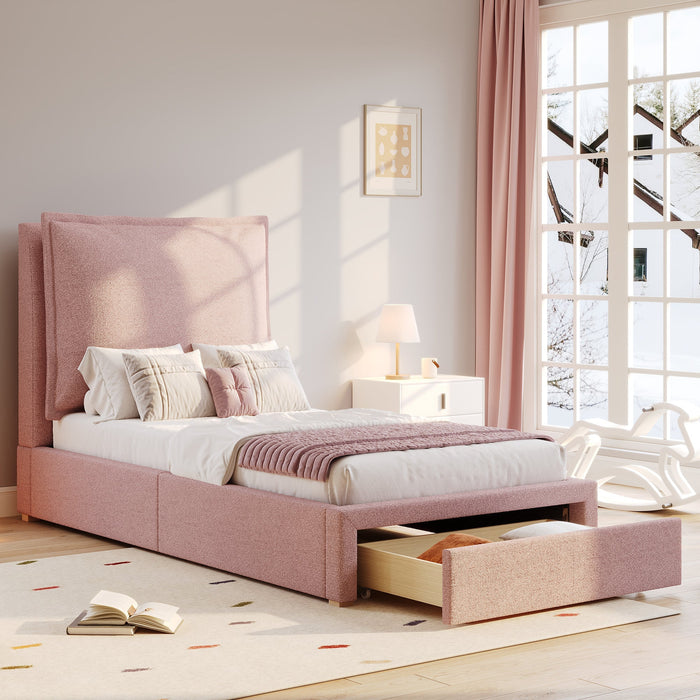 Upholstered Bed, Single/Children's Functional with Storage, Pink Chenille