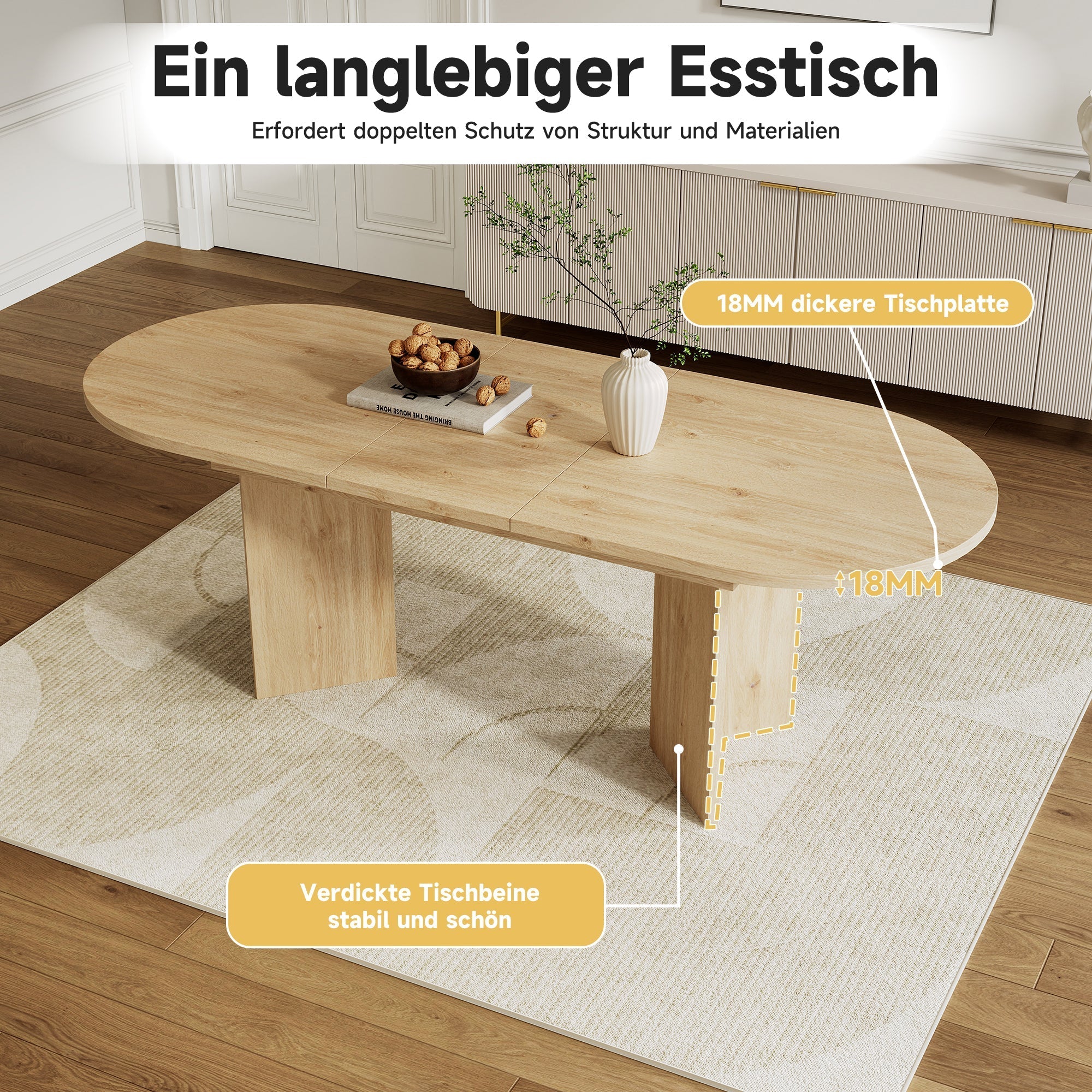 Extendable Dining Table 140/180x90 cm Seats 6-8 Rounded Corners Simple Style Oak Color