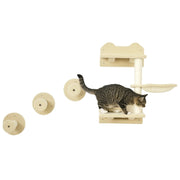 Kletterstufen für Katzen, 4-teiliges Wandtreppen-Set mit Kratzbaum & Hängematte, Beige/Cremeweiß