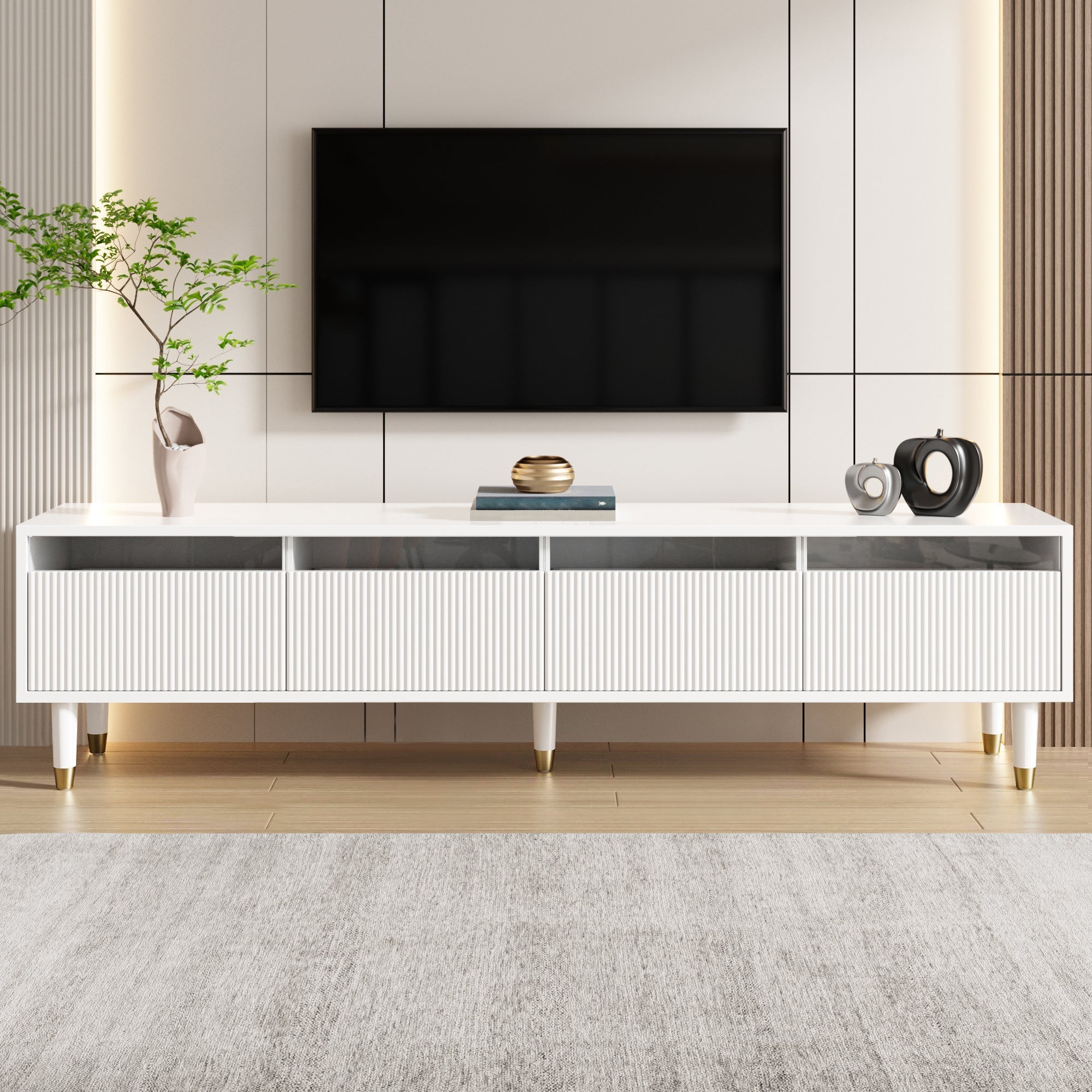 TV Cabinet 178cm, Minimalist Design, 4 Drawers, White MDF & Acrylic