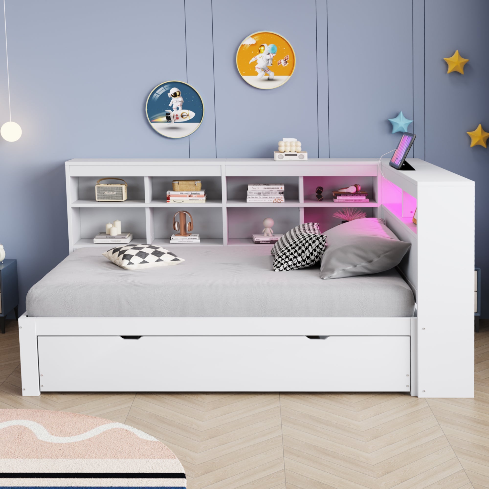 Solid Wood Sofa with Pull-Out Bed, USB & LED, White