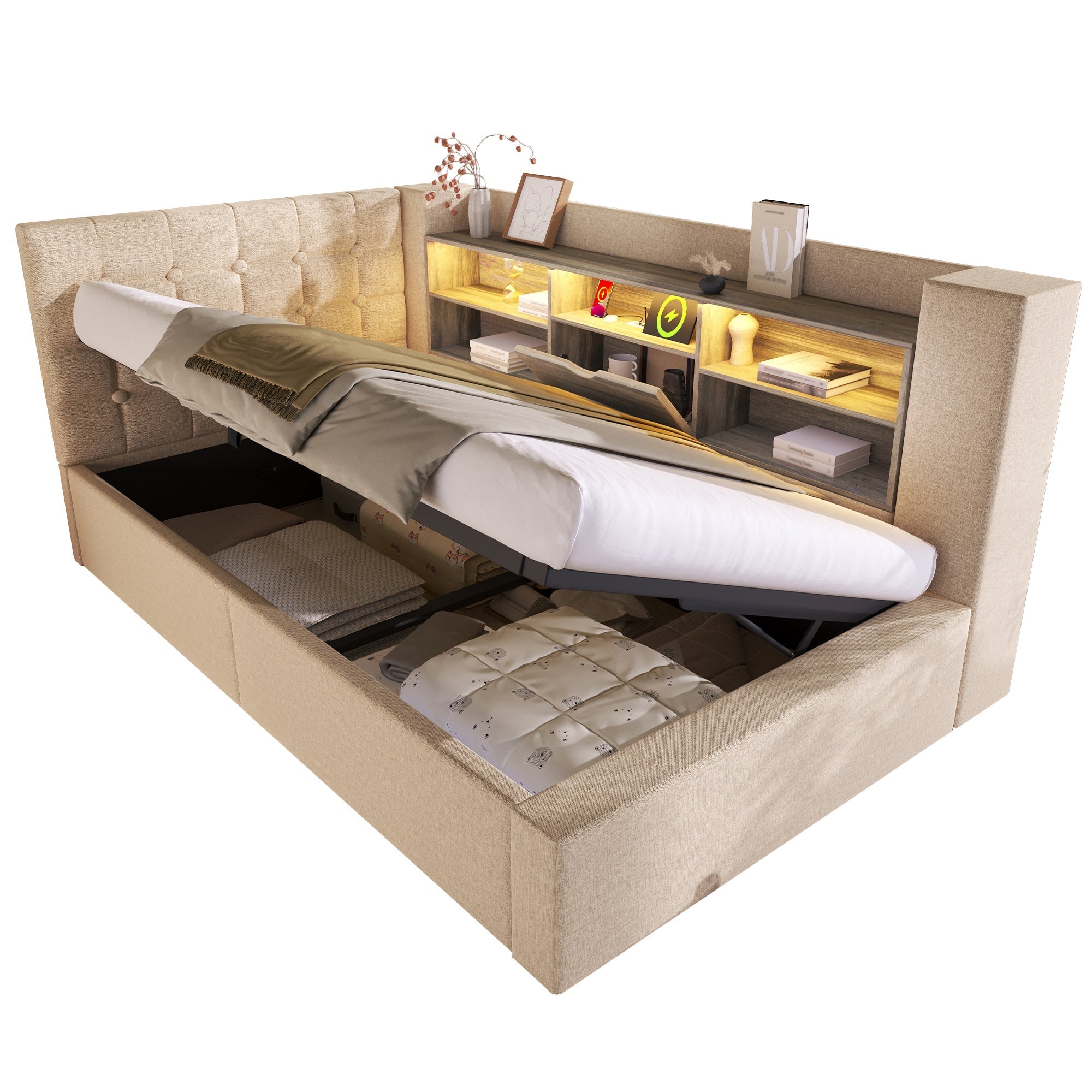 Upholstered Single Bed 90x200cm LED Hydraulic Storage L-Shaped Headboard - Linen Beige (With Mattress)