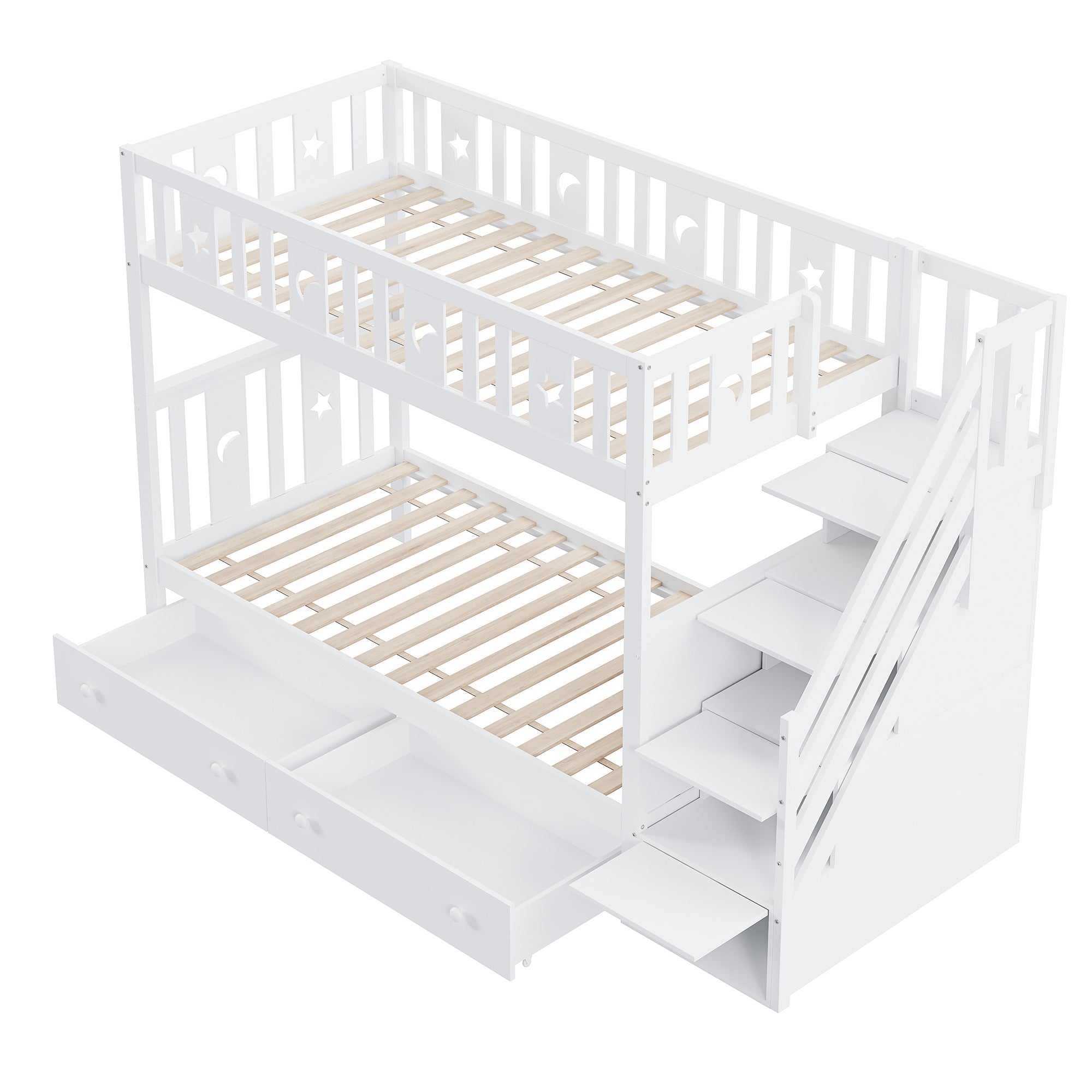 Children's Bunk Bed with Safety Stairs, Storage Drawers, Slatted Base, White Solid Wood