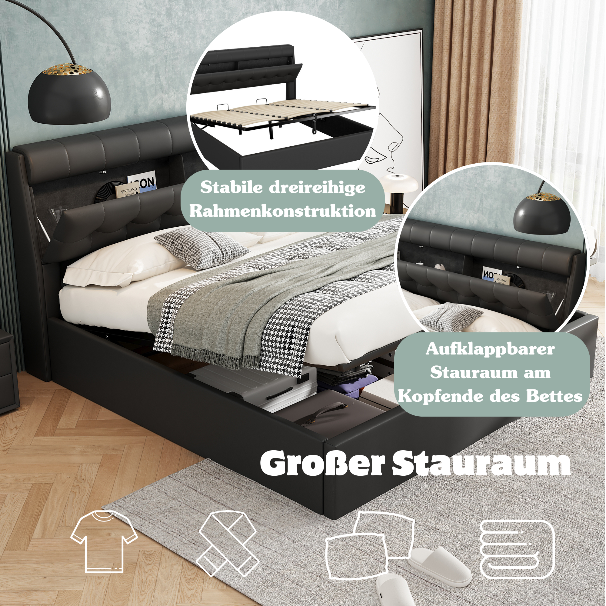 Upholstered Bed with Hydraulic Storage and Concealed Headboard Shelf, 180x200cm, Black PU
