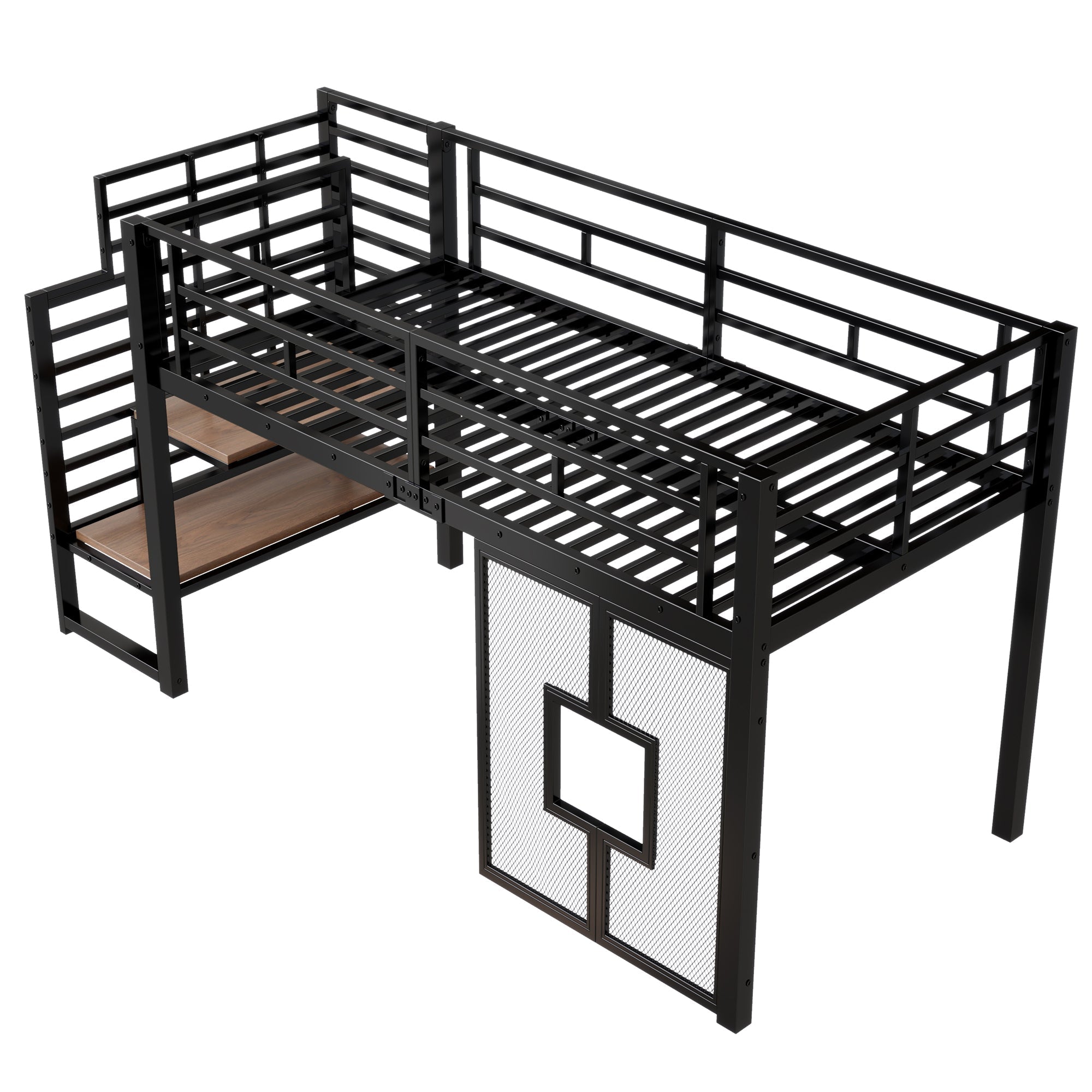 Metal Loft Bed with Stairs, Storage, LED Lighting and Windows, 90x200 cm, Black