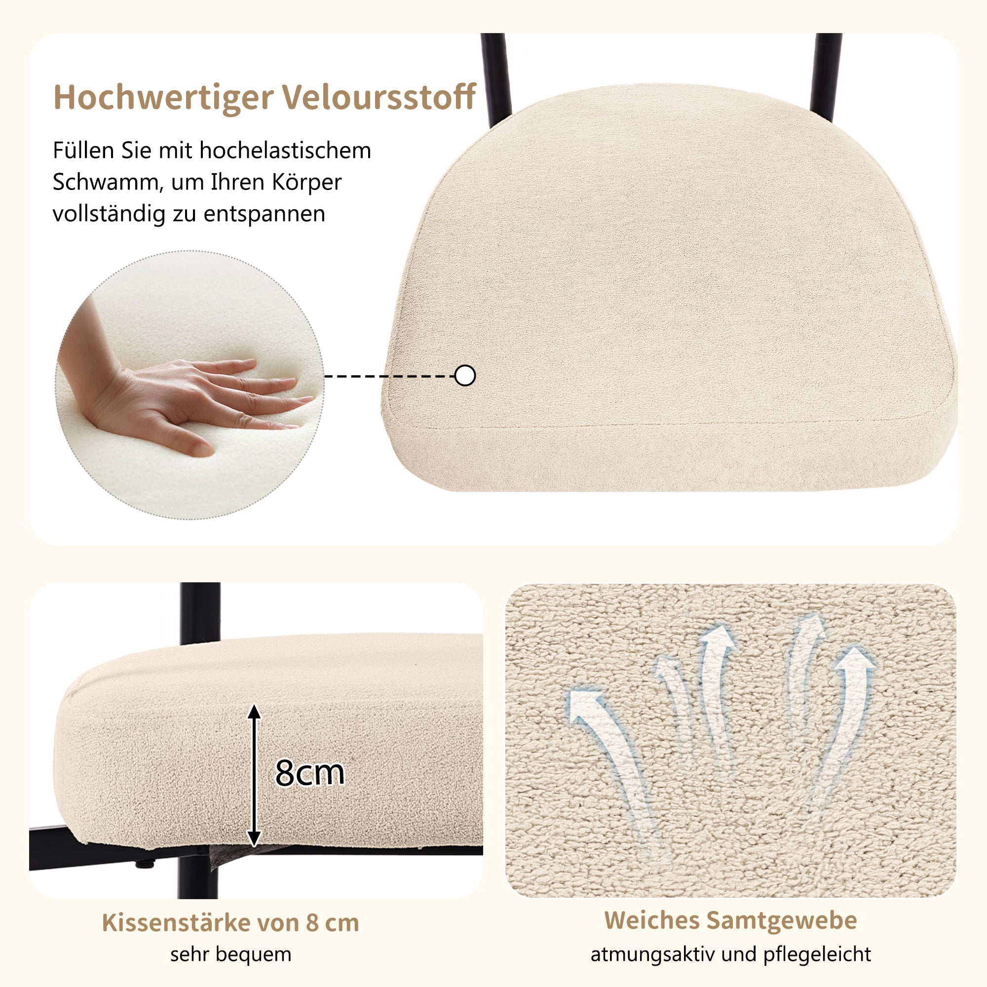 4 Dining Chairs Modern Simple Comfortable Ring Seat Cream Suede Fabric