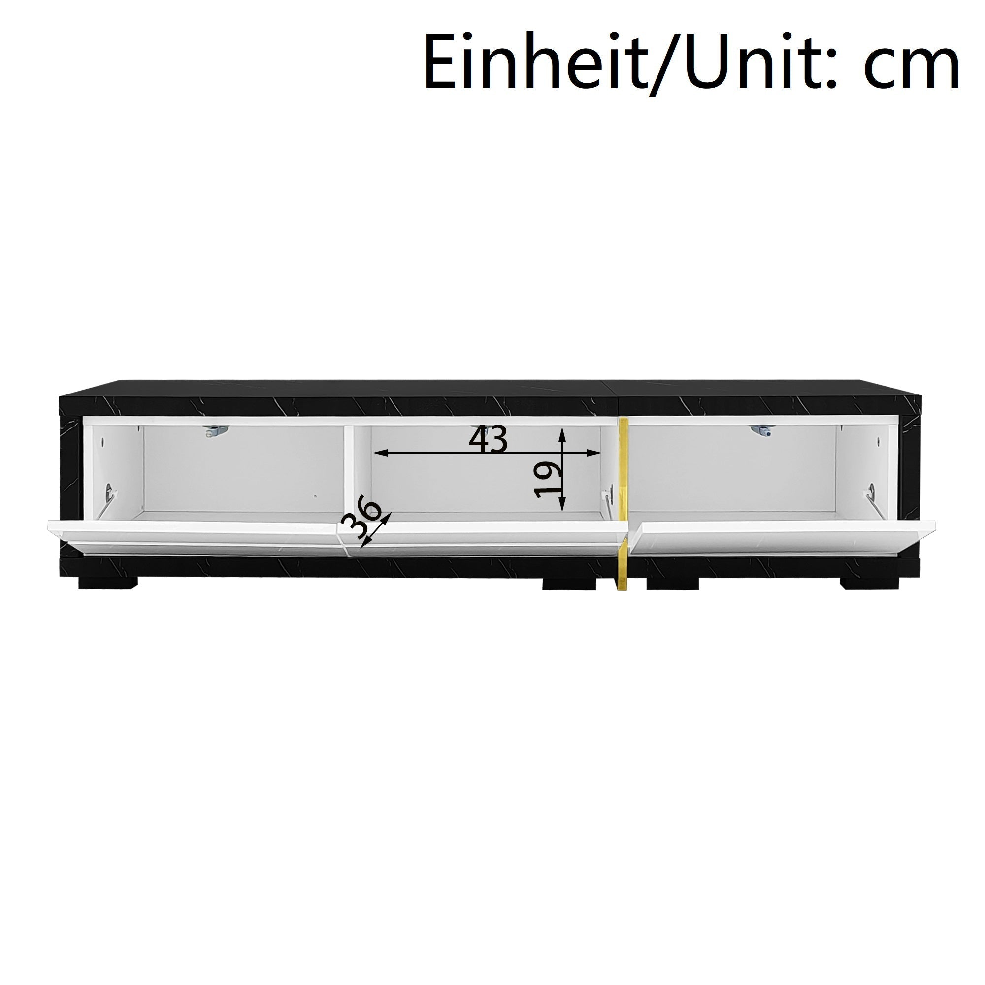 TV Cabinet, Adjustable Length (140-260 cm) Swivel, Black Marble, White High-Gloss Matte, Gold Trim