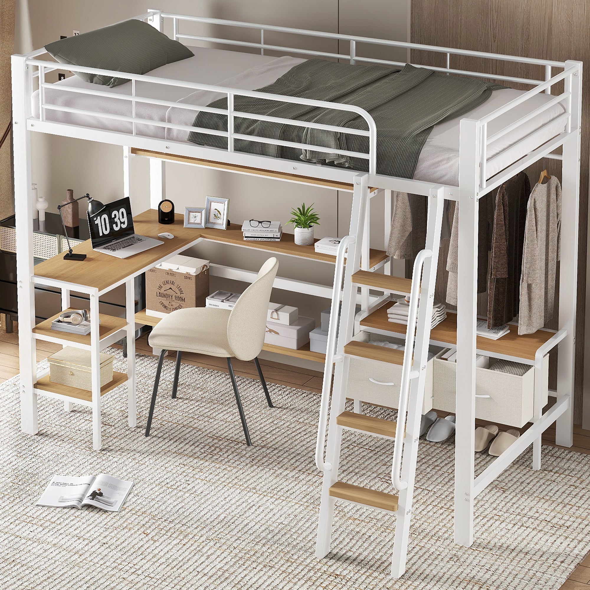 Loft Bed with Desk, Storage, Slanted Staircase, 90x200cm, Iron/MDF White/Natural