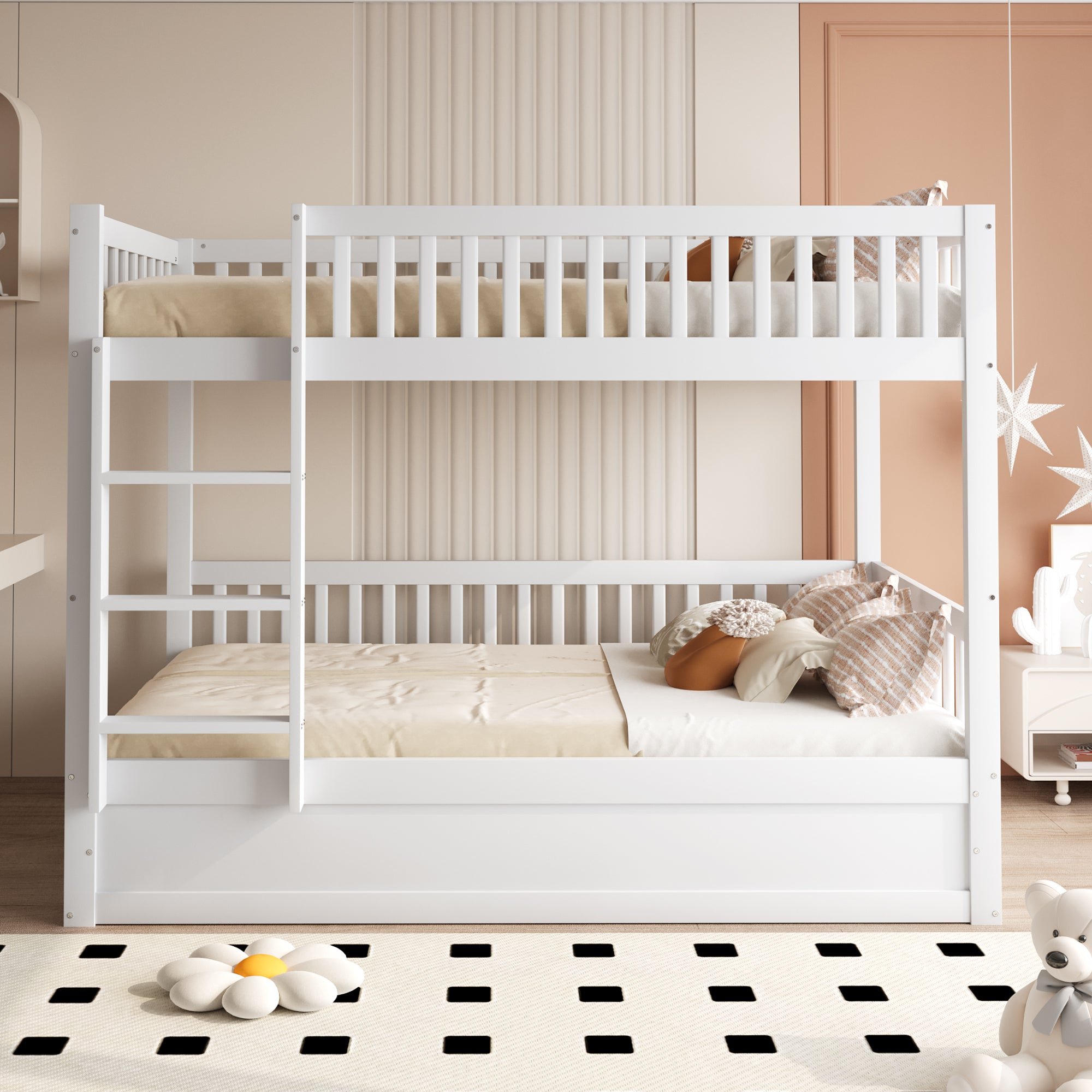 Children's Bunk Bed 90x200cm Hydraulic Storage System, Solid Wood White