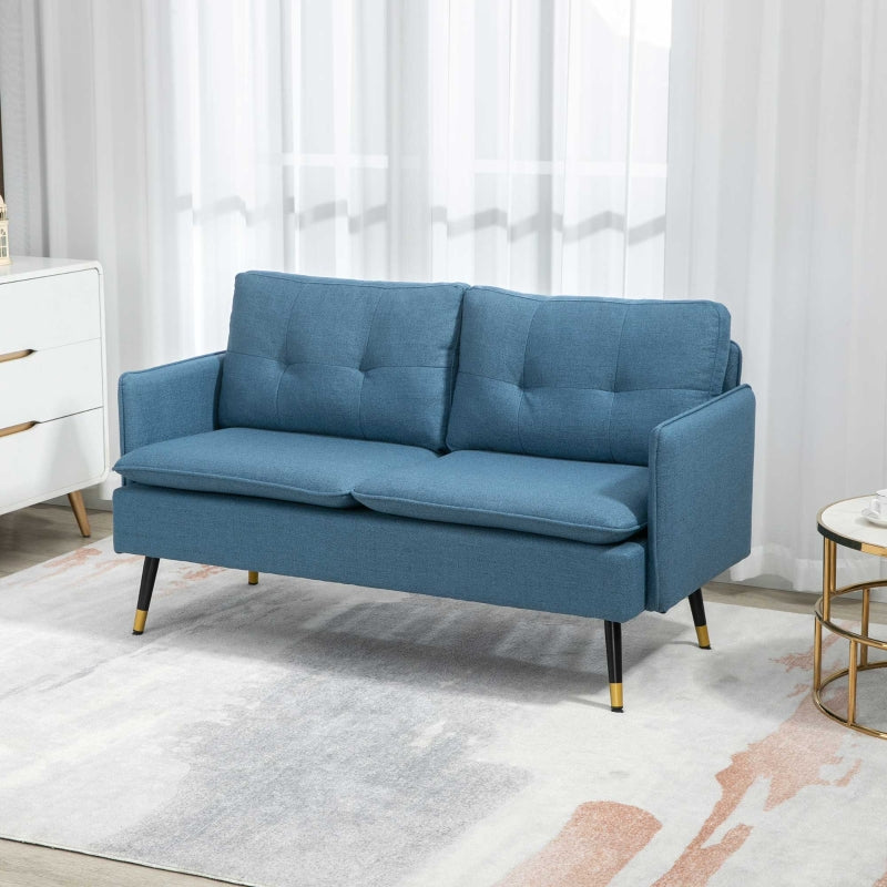 Modern Two Seater Sofa, Button Tufted Loveseat with Steel Legs, Dark Blue