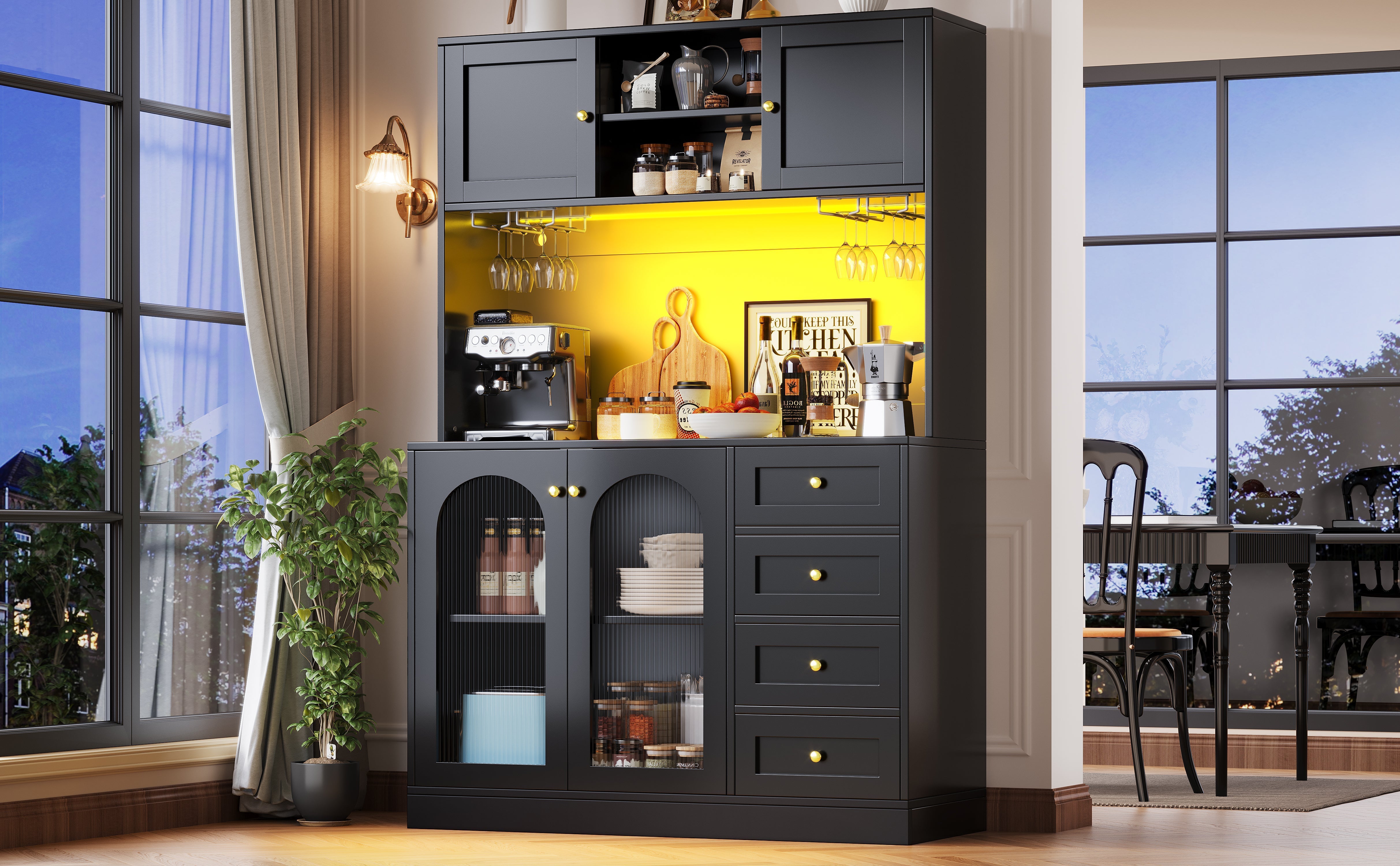 Sideboard Buffet Cabinet with 4 Doors, LED Light and Drink Holders, Black and White
