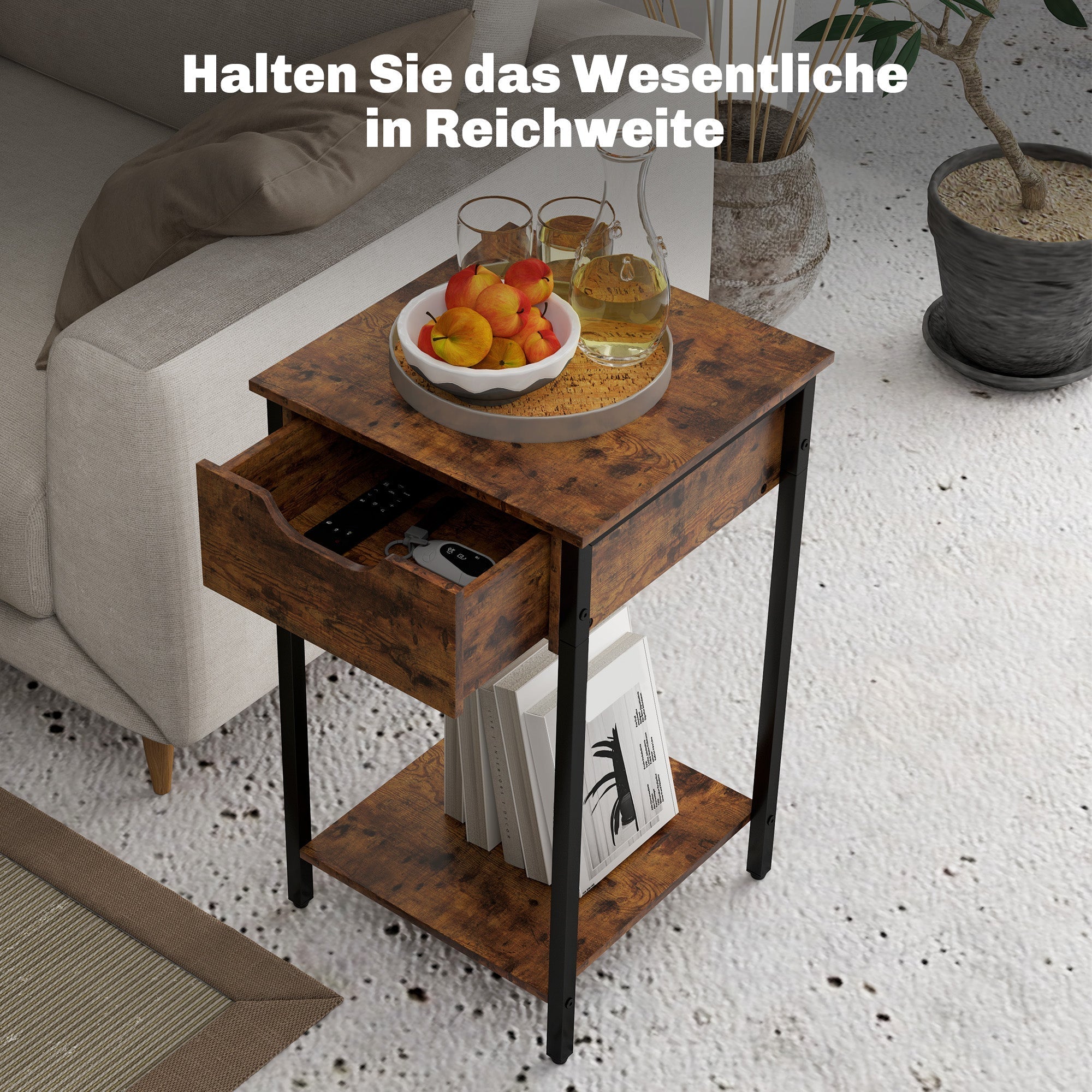 Beistelltisch, Couchtisch im Industrial Design mit Stahlrahmen, Rustikales Braun