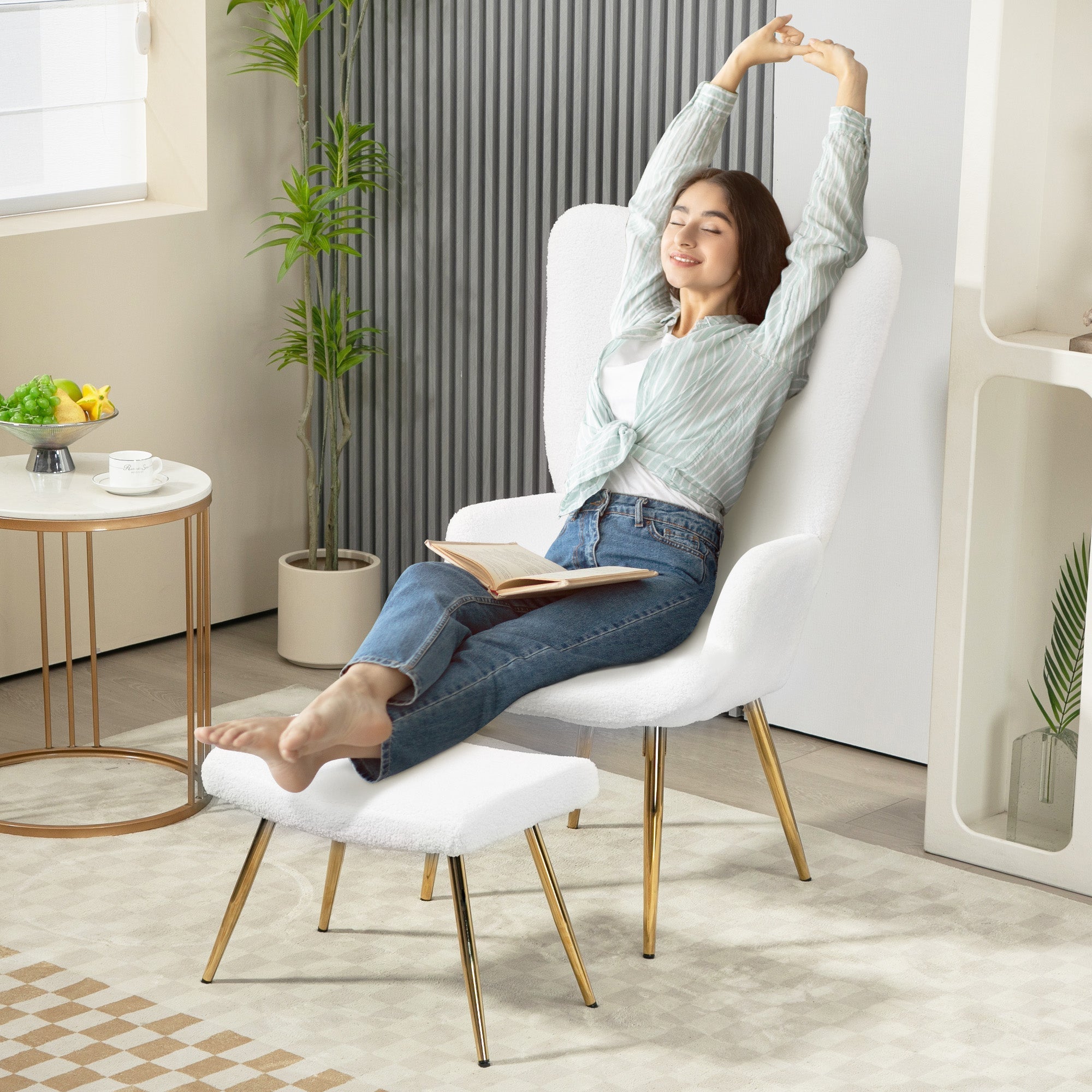 Wingback Chair with Footstool, High Back Armchair, Sherpa White