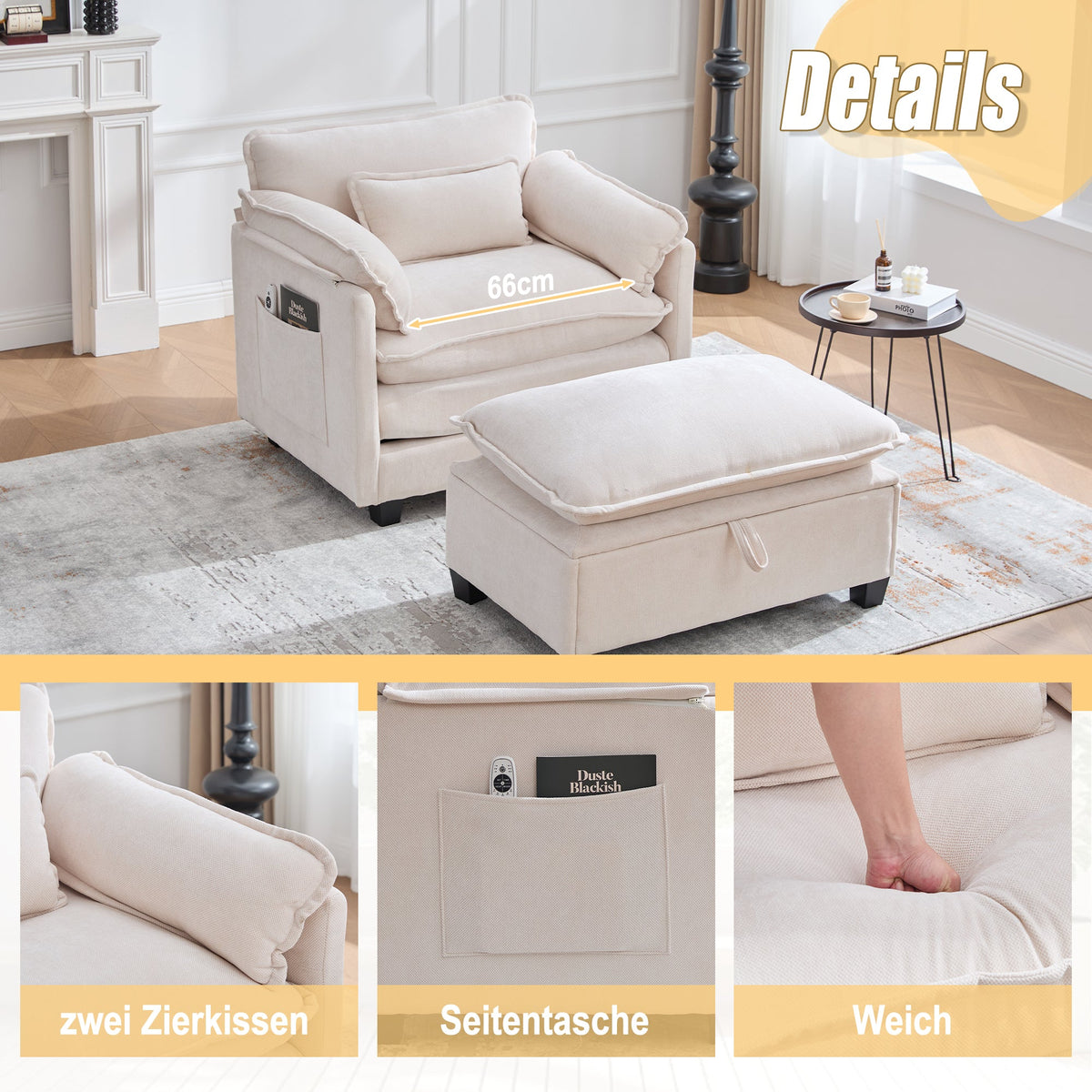 Modern Oversized Armchair with Footrest Stool & Side Pockets, Velvet