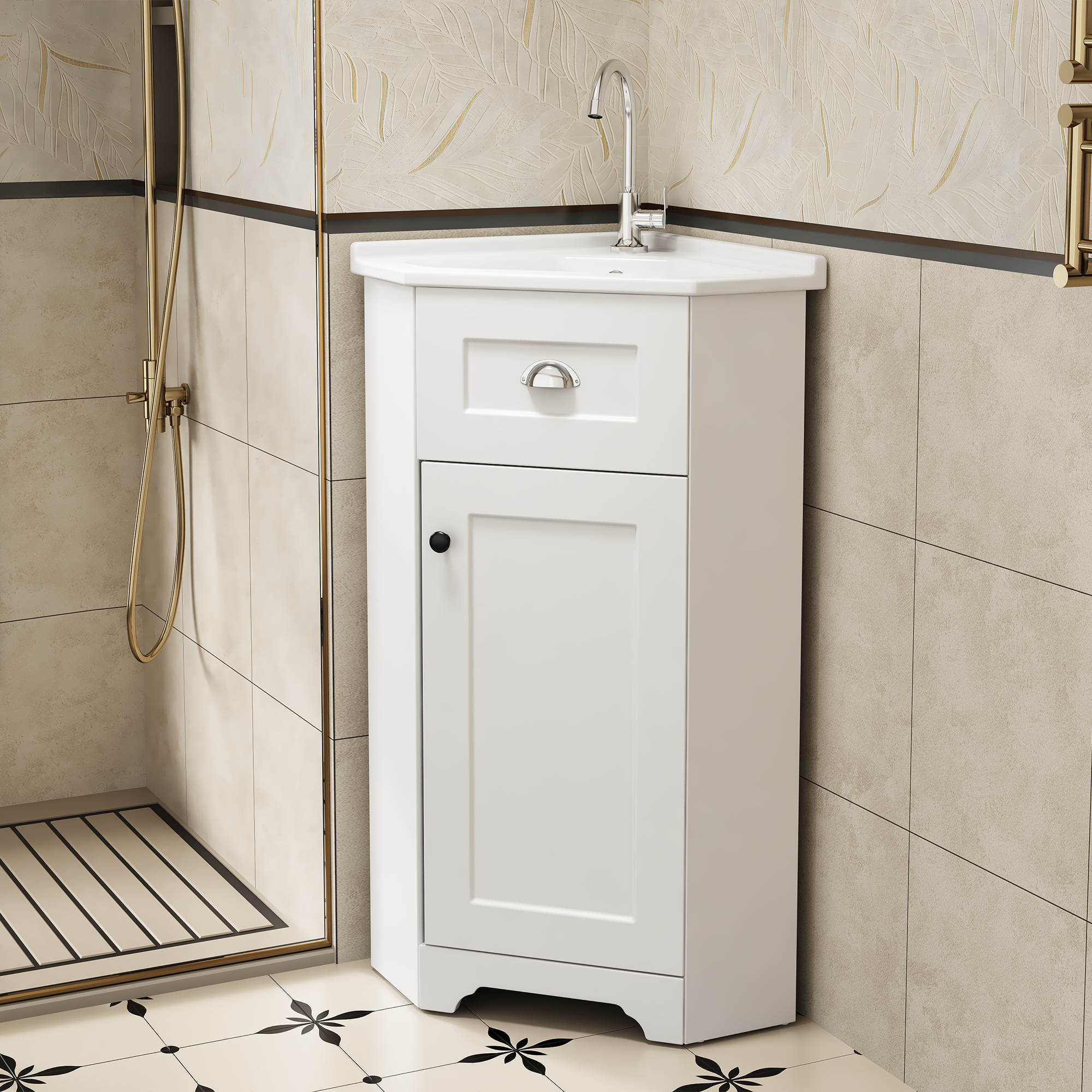 Bathroom Cabinet with Single Ceramic Sink and Waterproof MDF Body, White