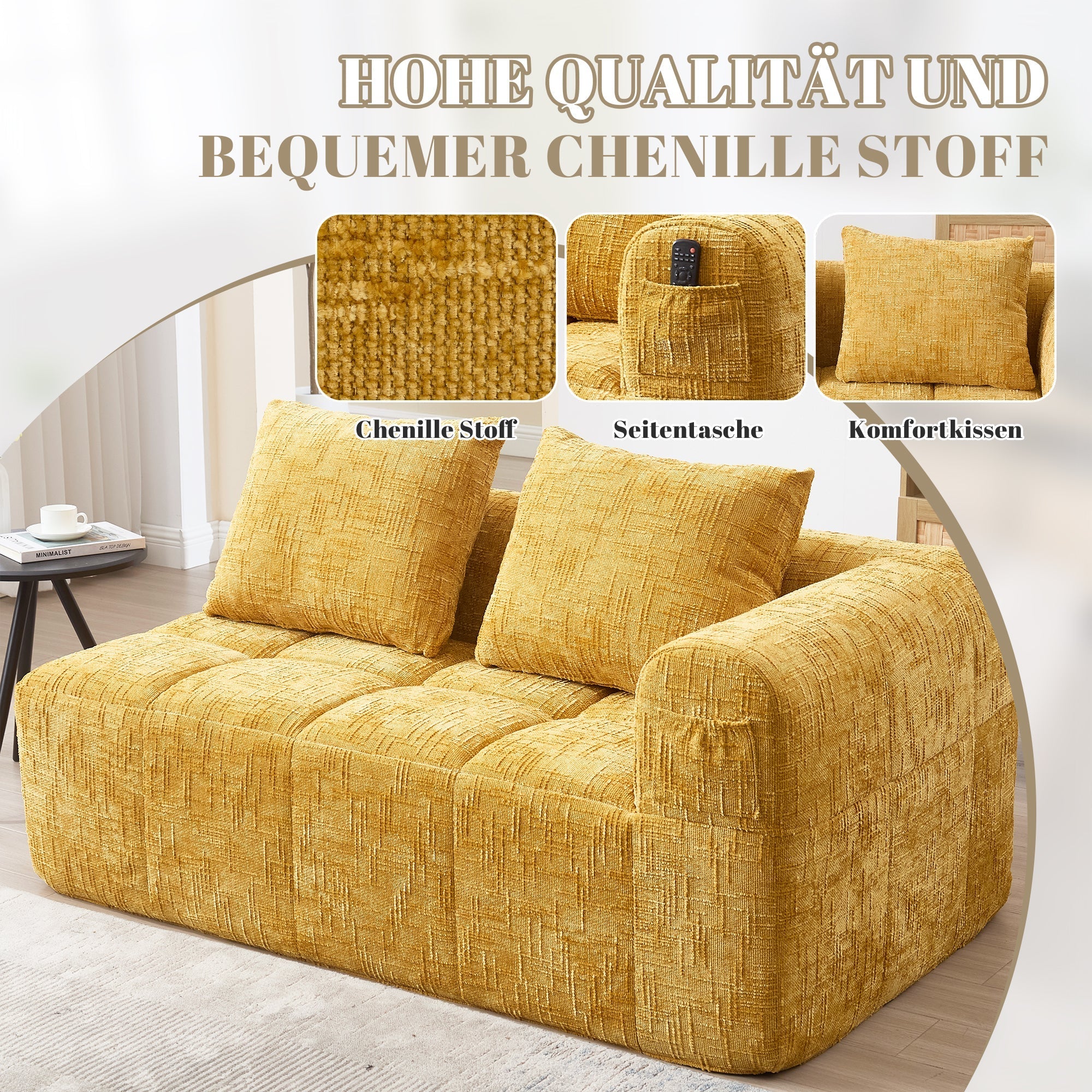 2-Person Sofa, Plush Cushion Side Pockets, Yellow