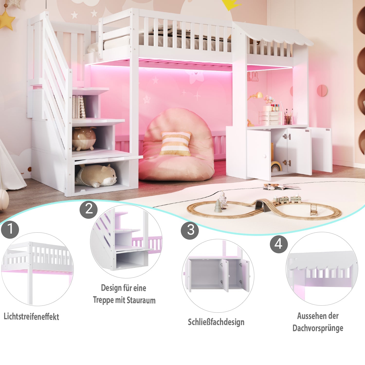Wooden Loft Bed with Storage Wardrobe, Stairs and LED Light, 90x200cm, White Wood