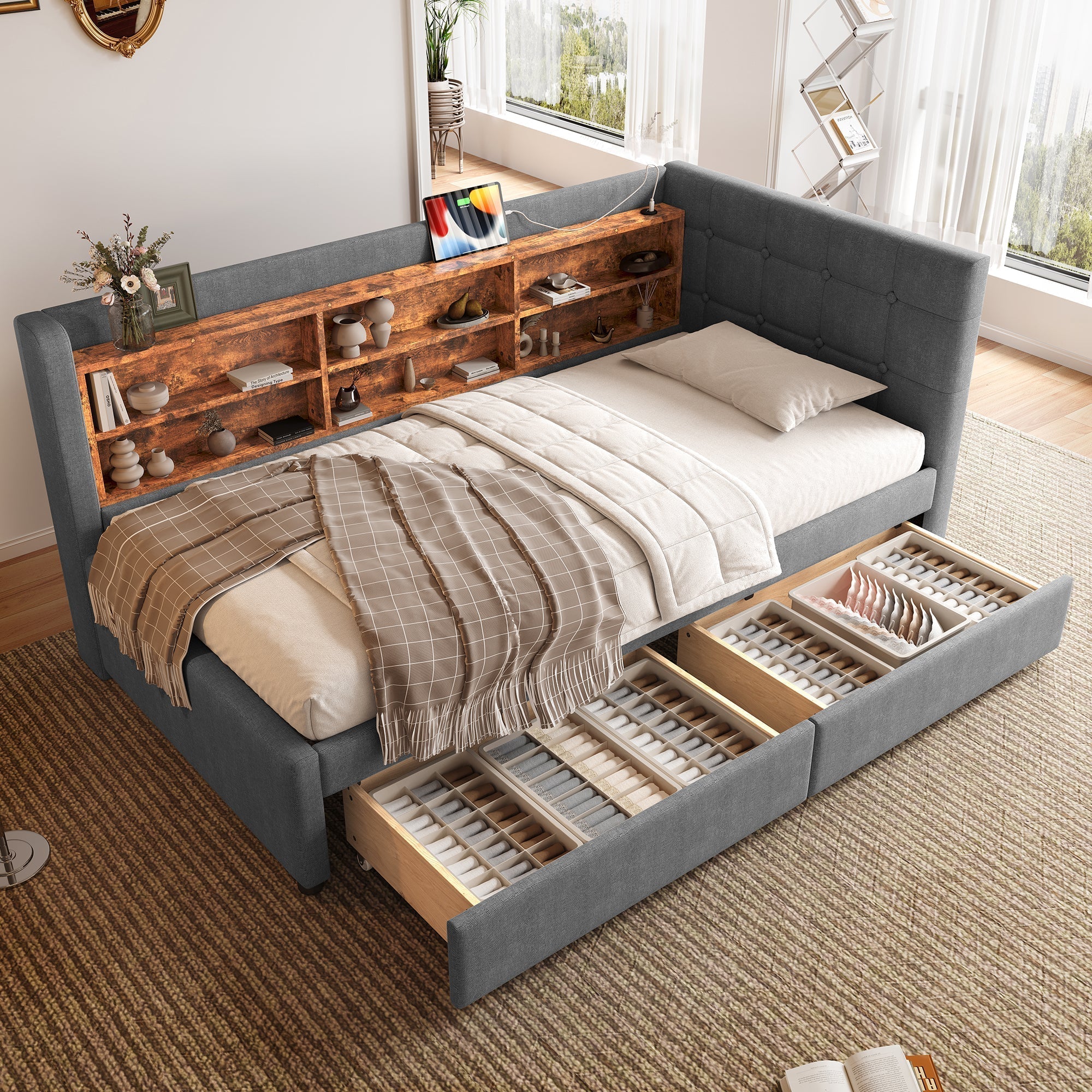 Daybed Sofa Bed 90x200cm 2 Drawers USB/Type C Storage - Linen Grey