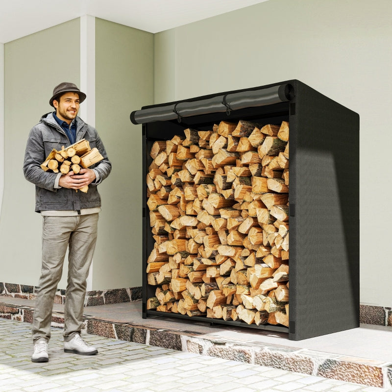 Firewood Rack Steel with Fabric Cover, 300kg Load Capacity, Black