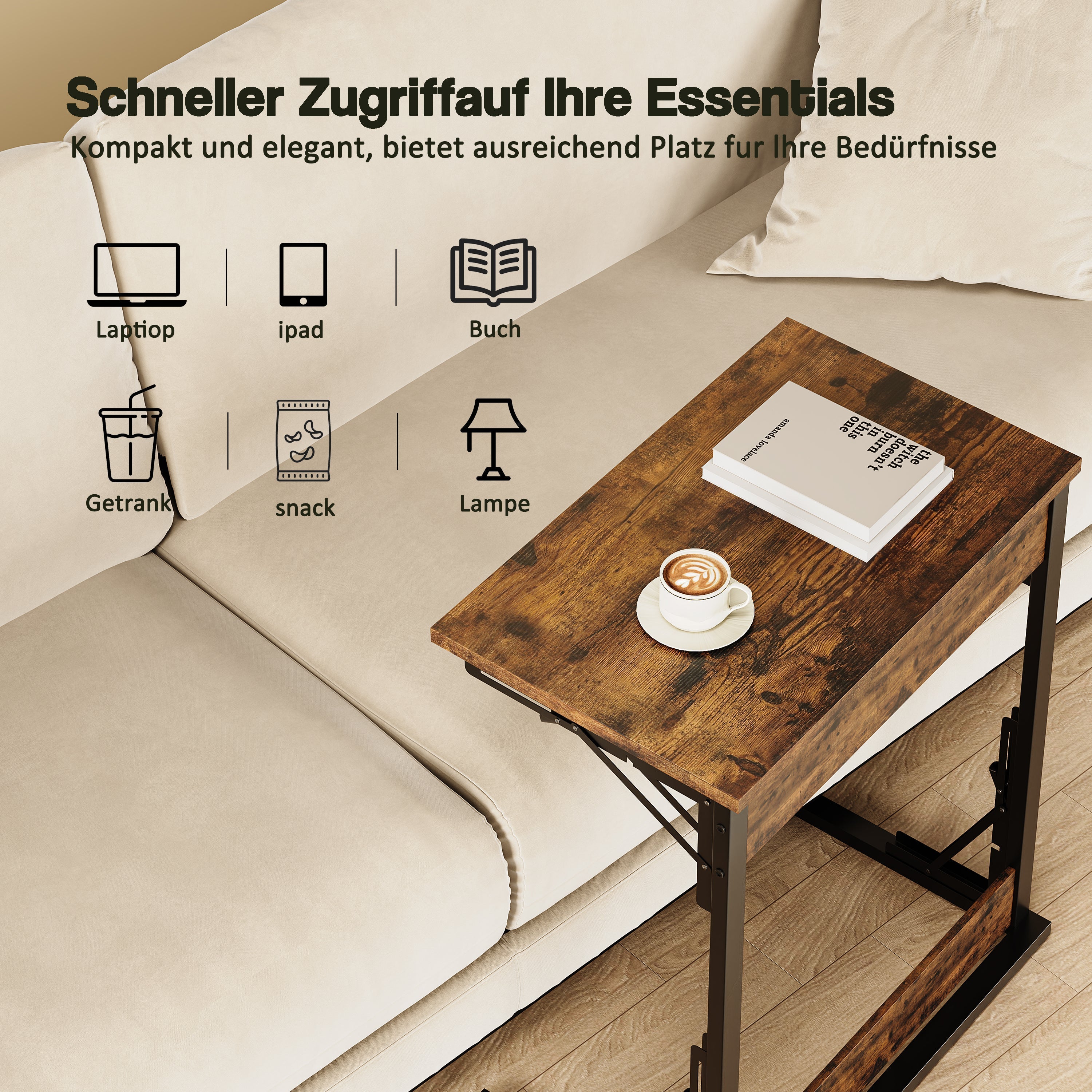 Set of 2 Foldable C-Shaped Side Tables with Metal Frame, Brown