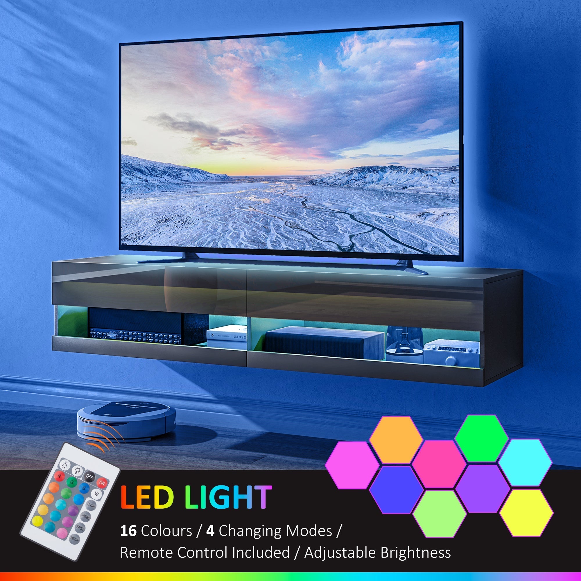Floating TV Unit Wall Mounted Cabinet for TVs up to 65" with LED Lights, Black