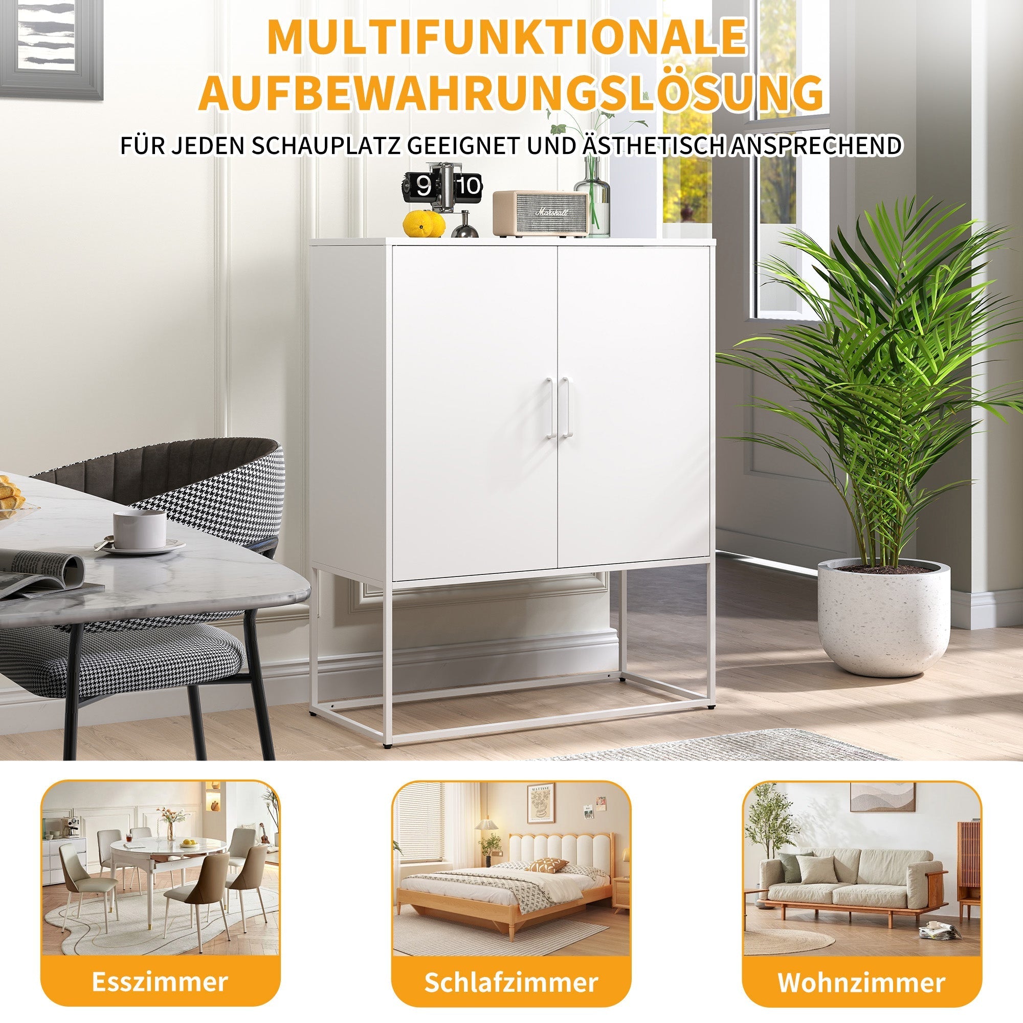 Metal Sideboard 2 Shelves Magnetic Doors Freestanding - White