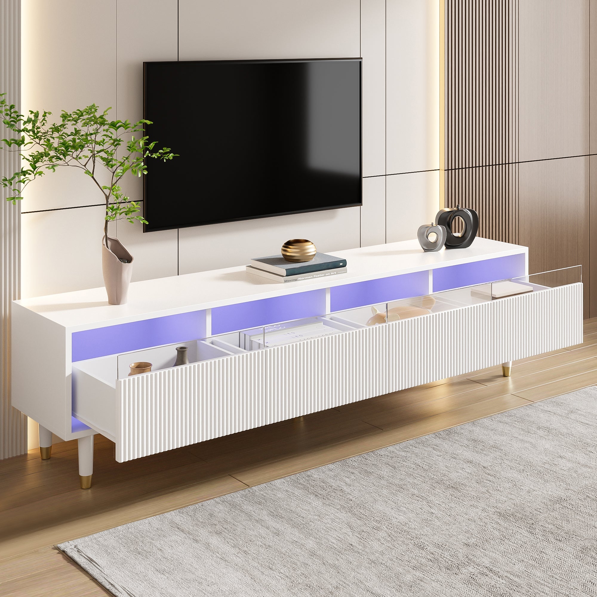 TV Cabinet 178cm, Minimalist Design, 4 Drawers, White MDF & Acrylic