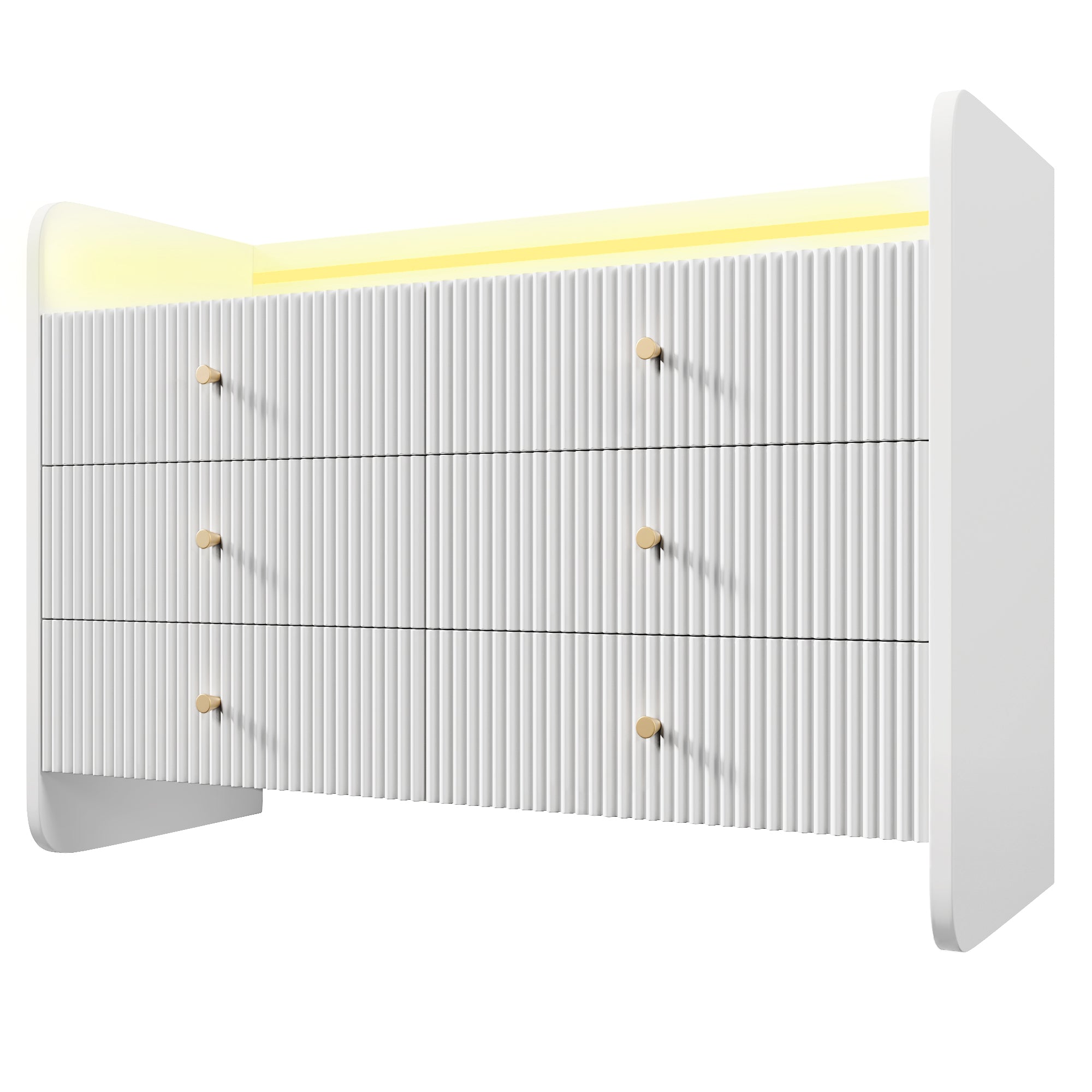Sideboard, LED Lighting, 6 Drawers, Wave-Shaped Groove, White